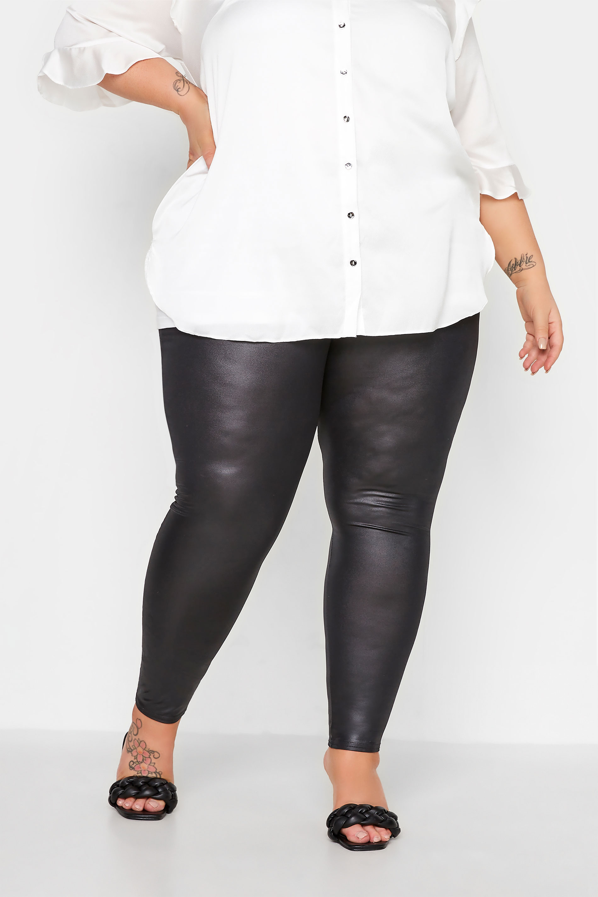 Plus Size Black Wet Look Stretch Leggings | Yours Clothing 1