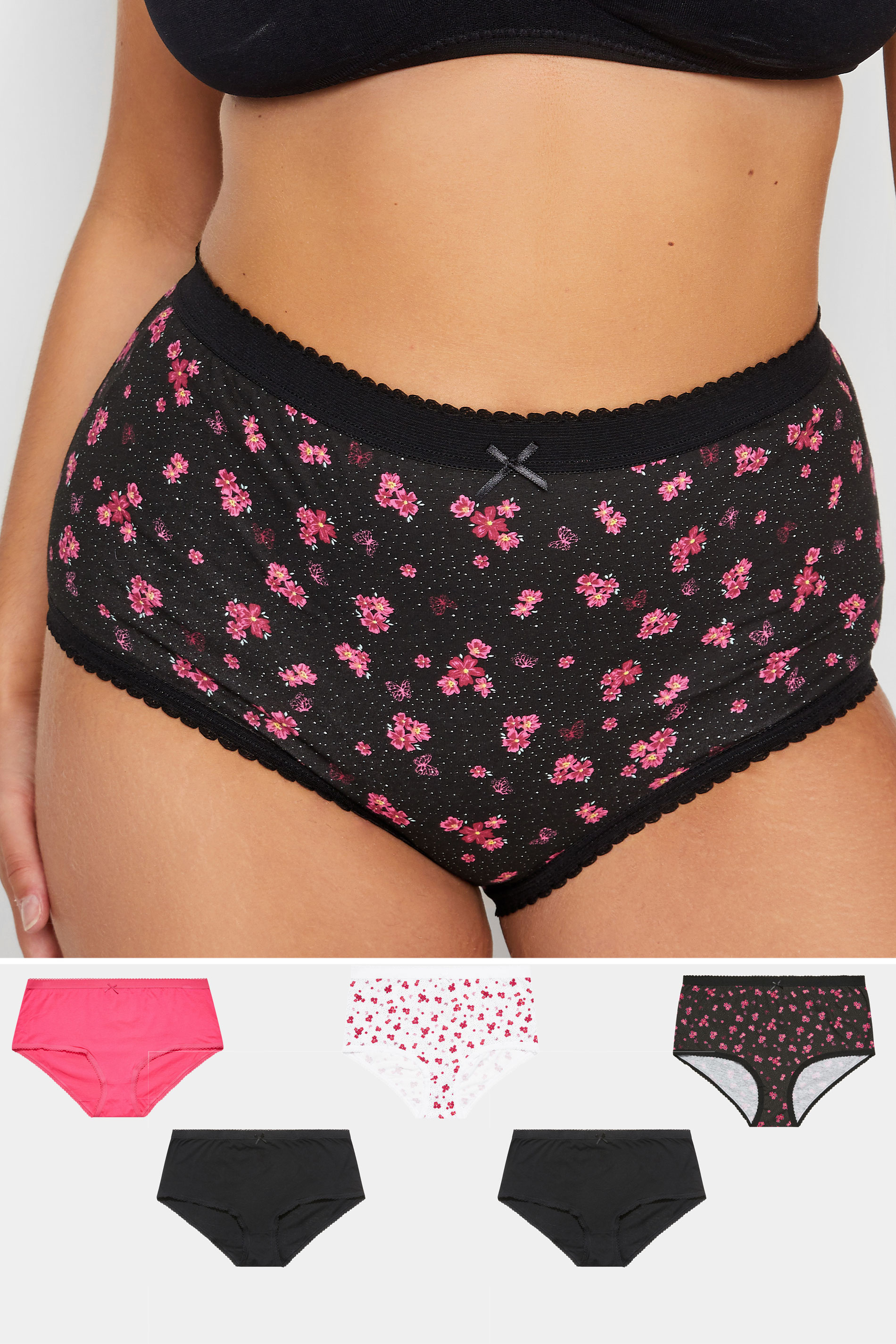 Plus Size 5 PACK Pink & Black Ditsy Floral Print Full Briefs | Yours Clothing 1