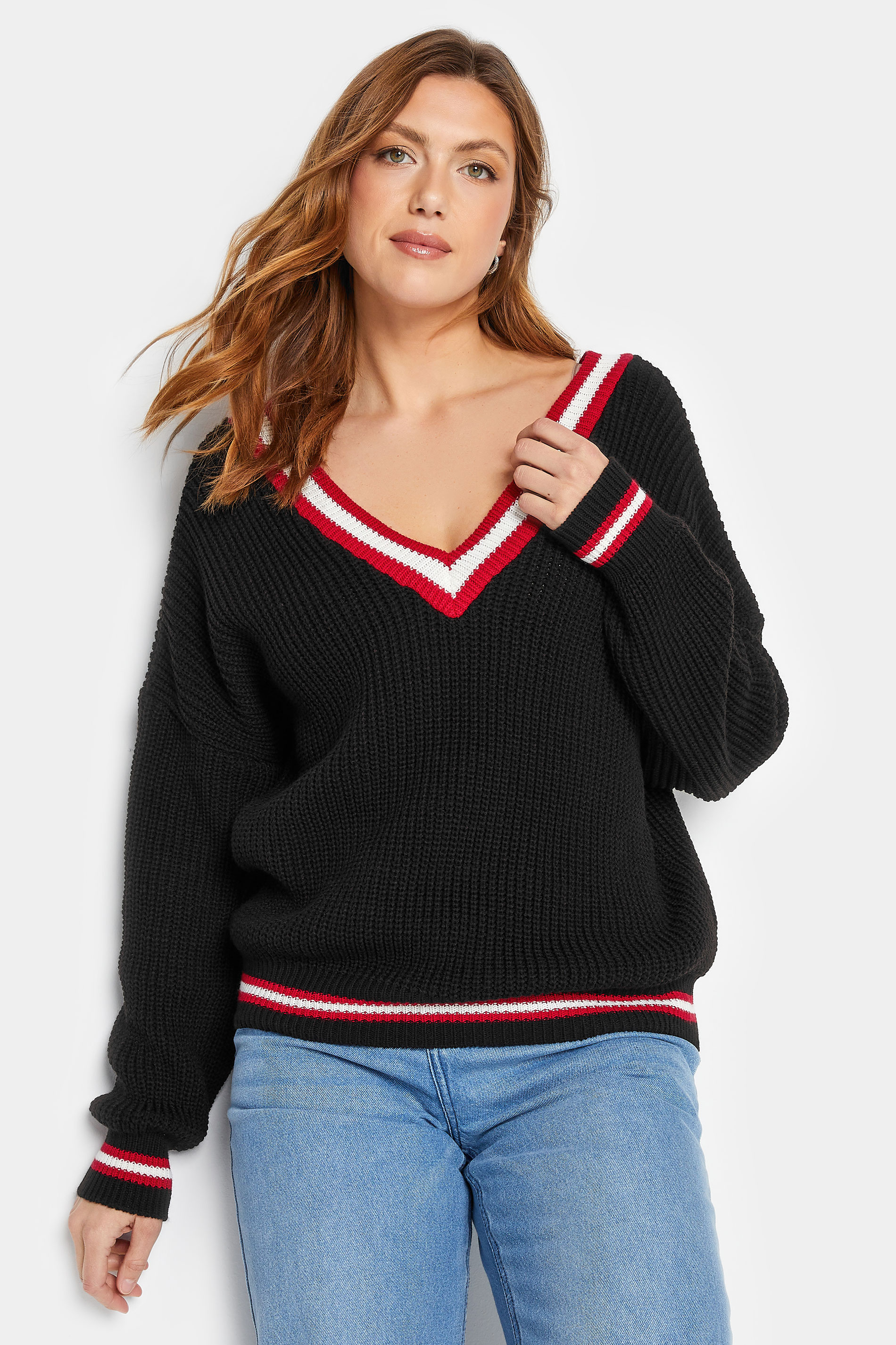 LTS Tall Women's Black & Red V-Neck Knitted Jumper | Long Tall Sally 1