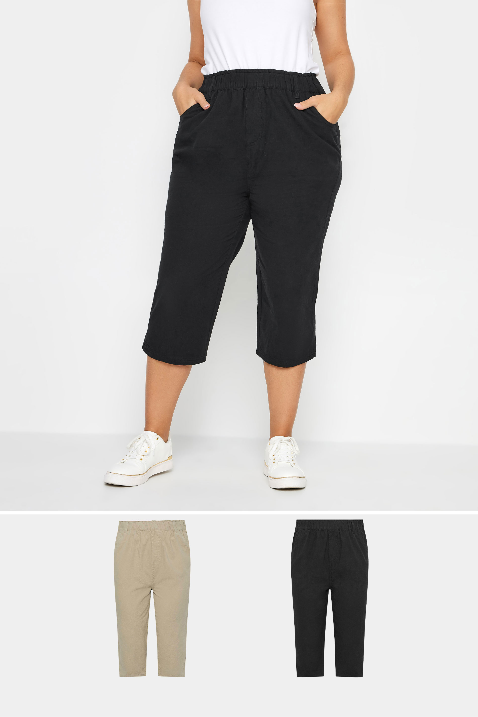 YOURS 2 PACK Plus Size Black & Beige Brown Cool Cotton Cropped Trousers | Yours Clothing 1