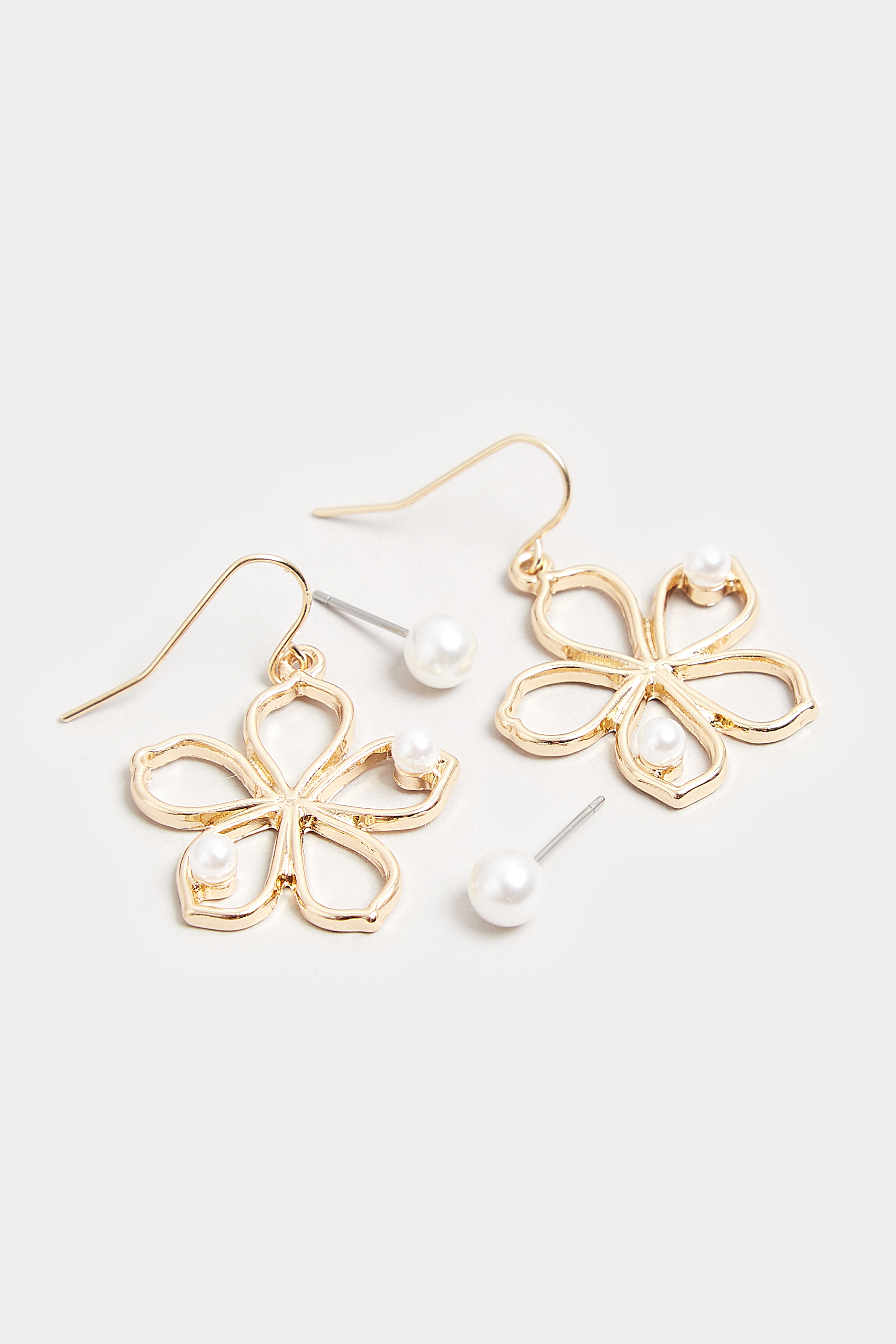2 PACK Gold Flower Pearl Drop Earrings | Yours Clothing 3