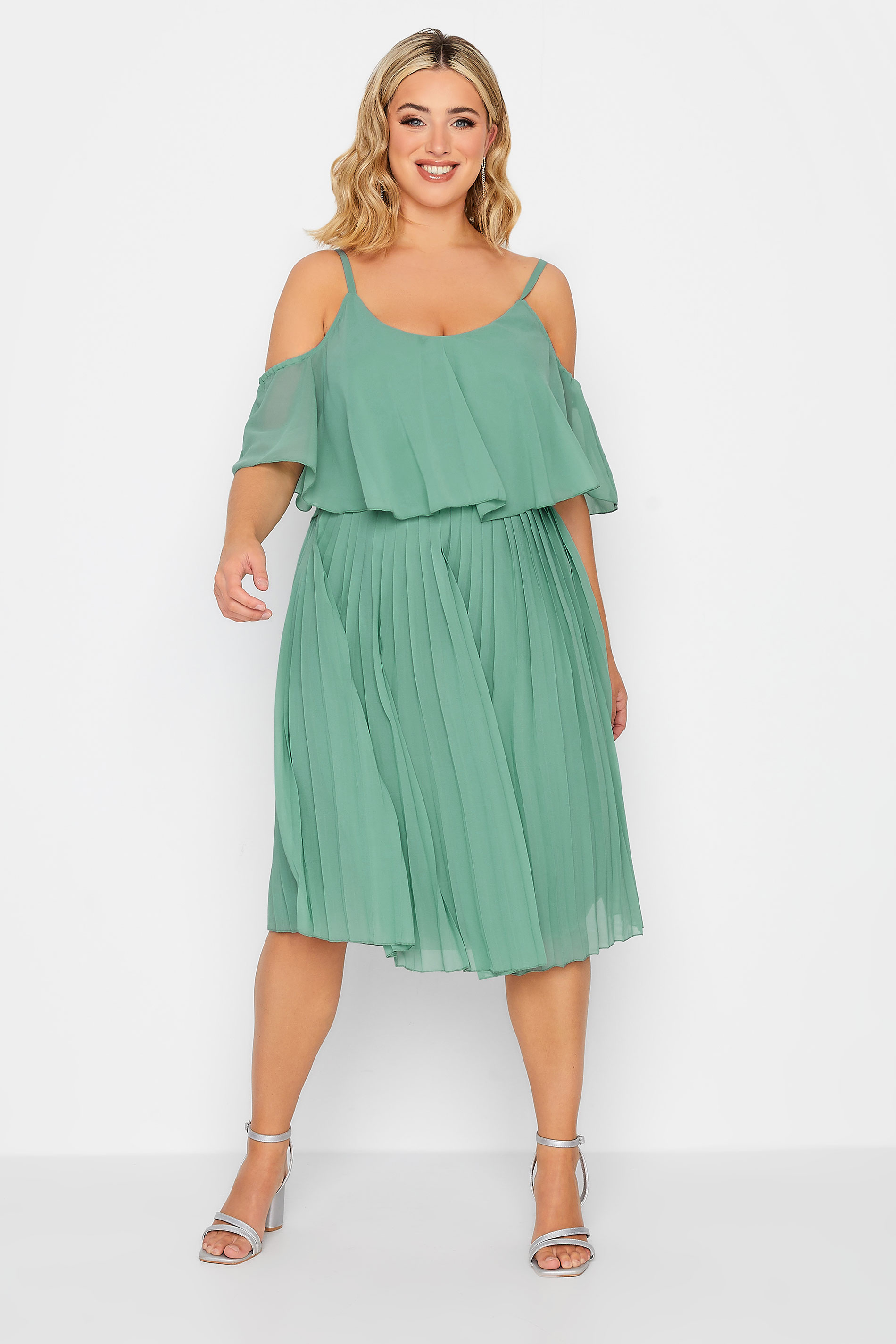 YOURS LONDON Plus Size Green Pleated Overlay Midi Dress | Yours Clothing 1