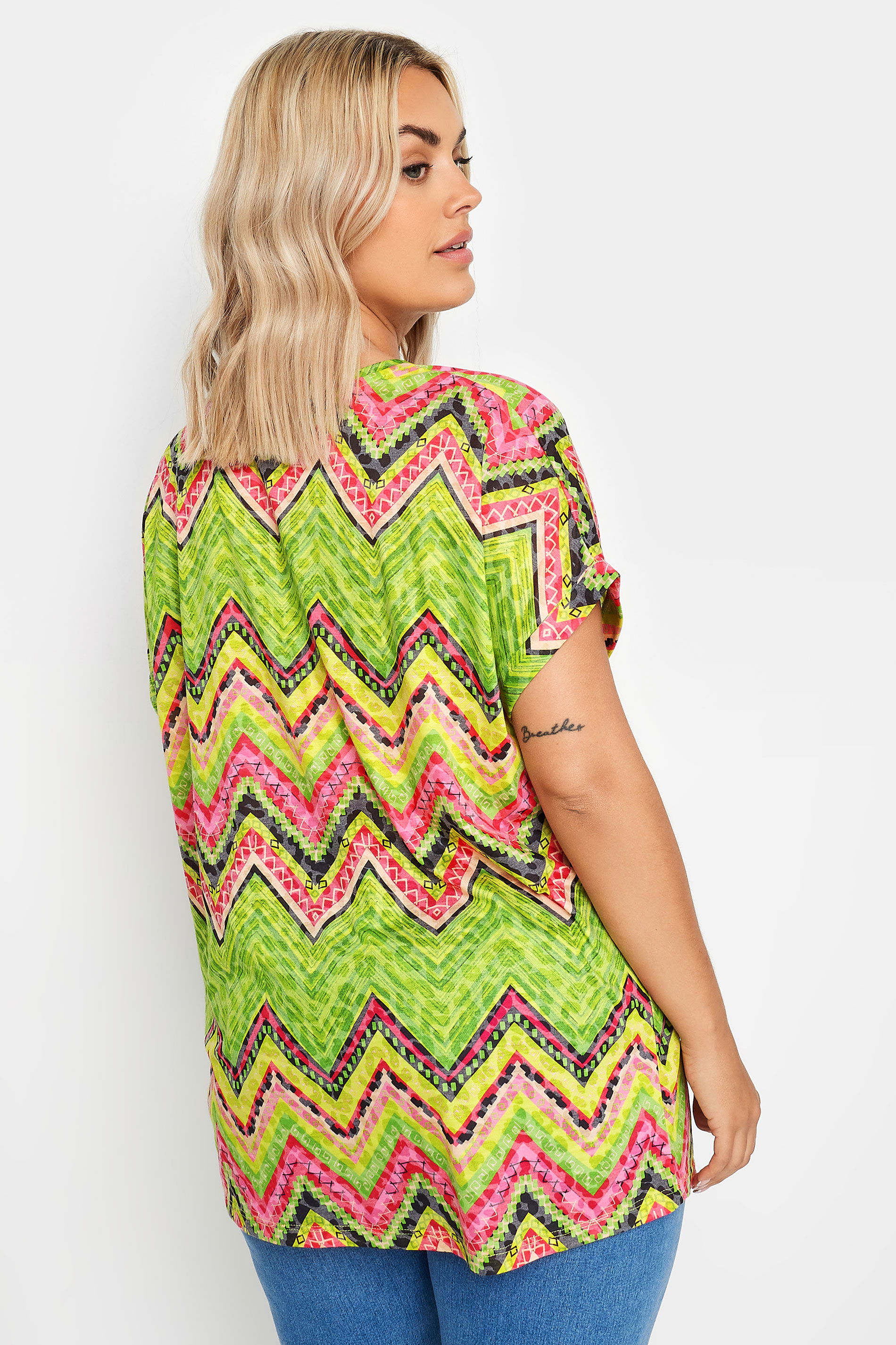 YOURS Plus Size Green Geometric Print T-Shirt | Yours Clothing 3