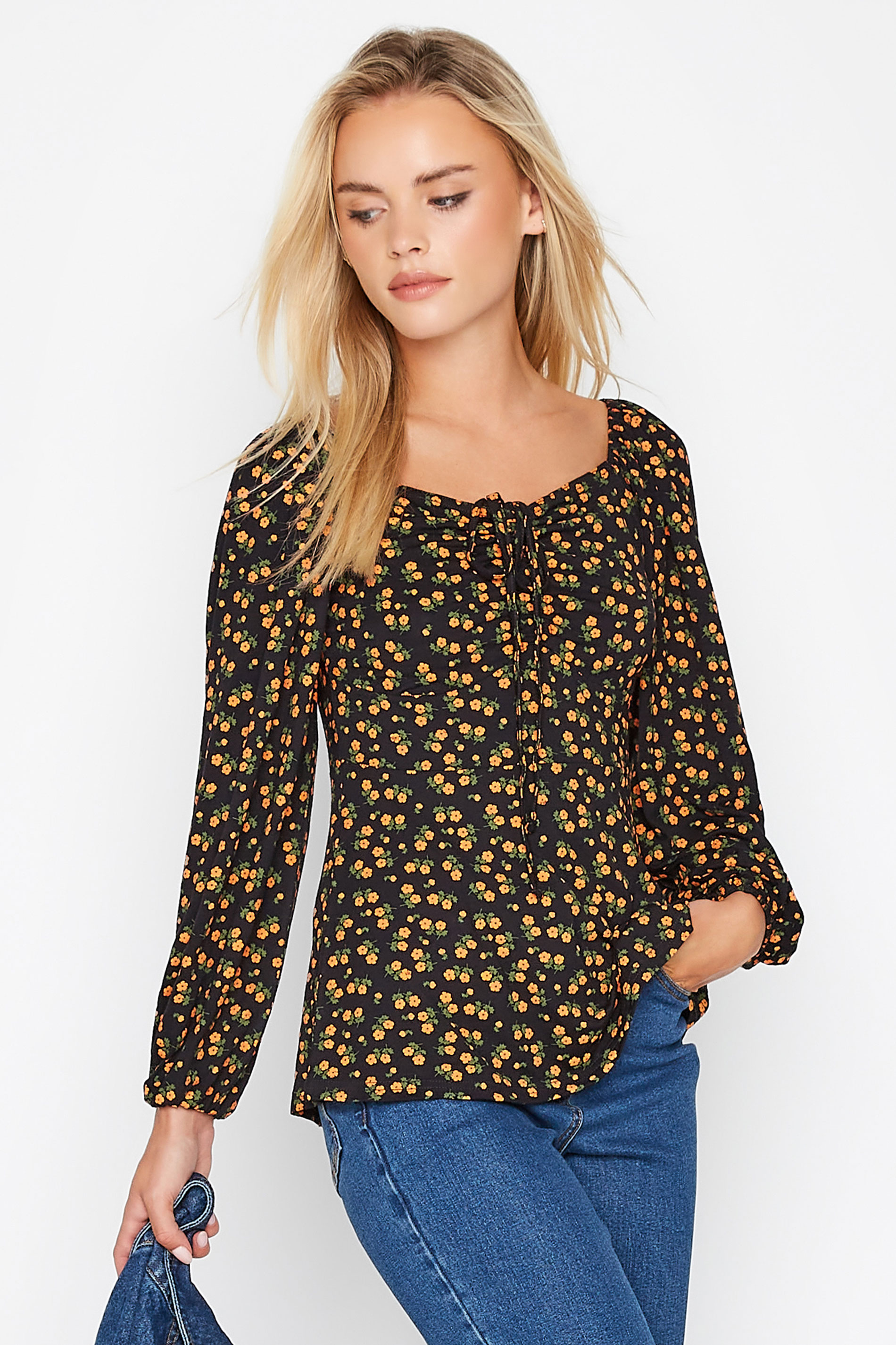 Petite Black & Yellow Ditsy Print Ruched Top 1