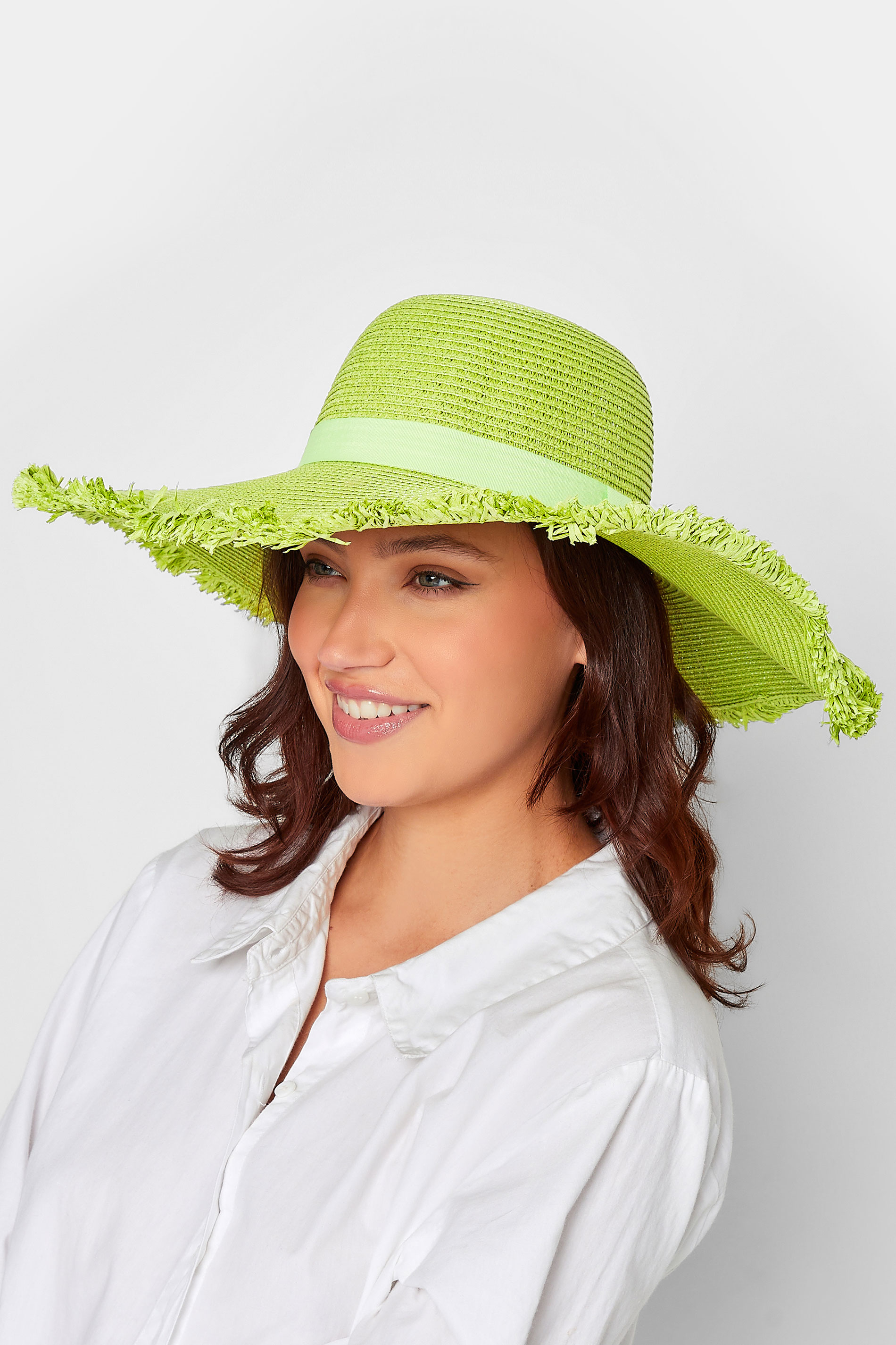 Lime Green Frayed Edge Straw Hat | Yours Clothing  1