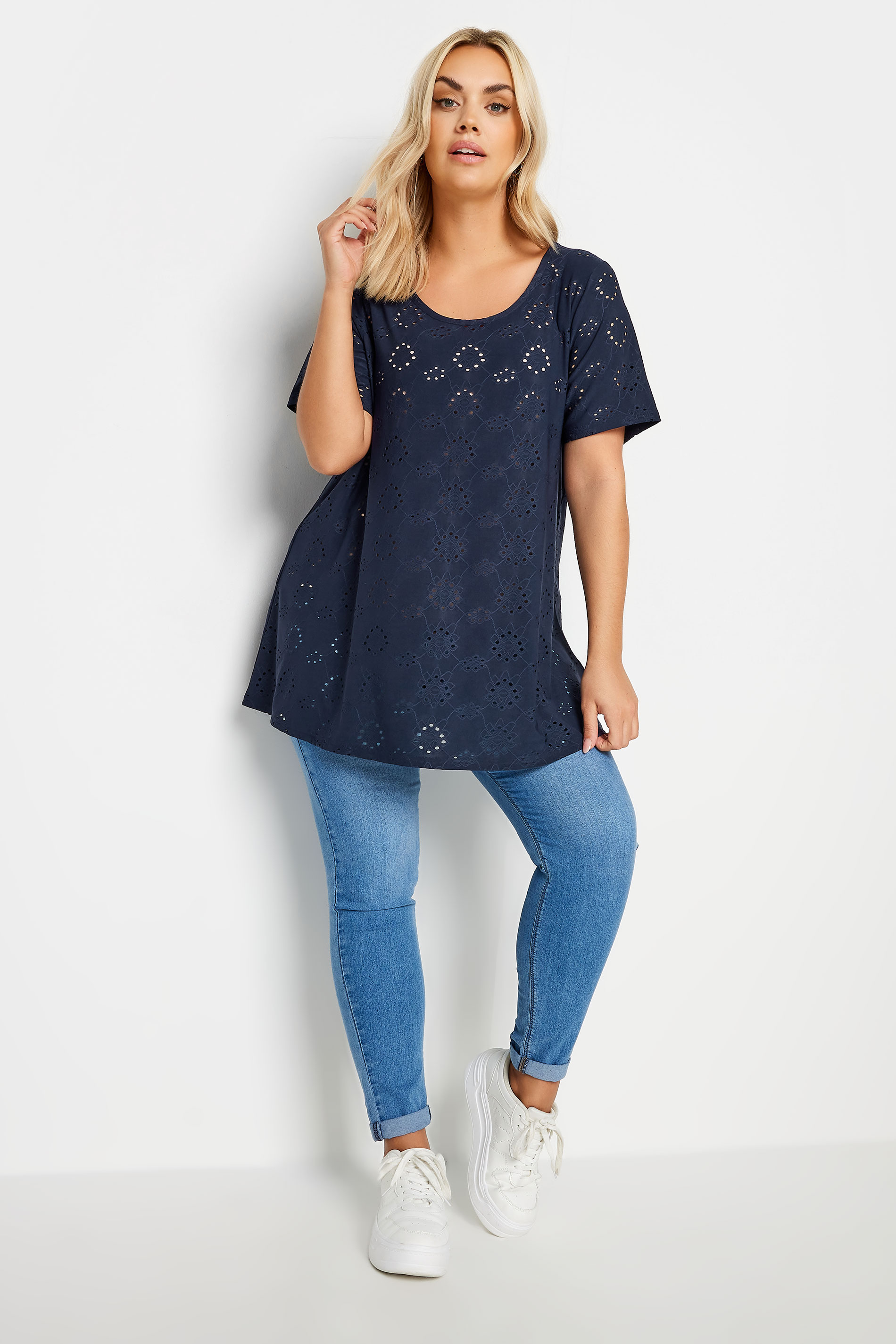 YOURS Plus Size Navy Blue Broderie Anglaise T-Shirt | Yours Clothing 2