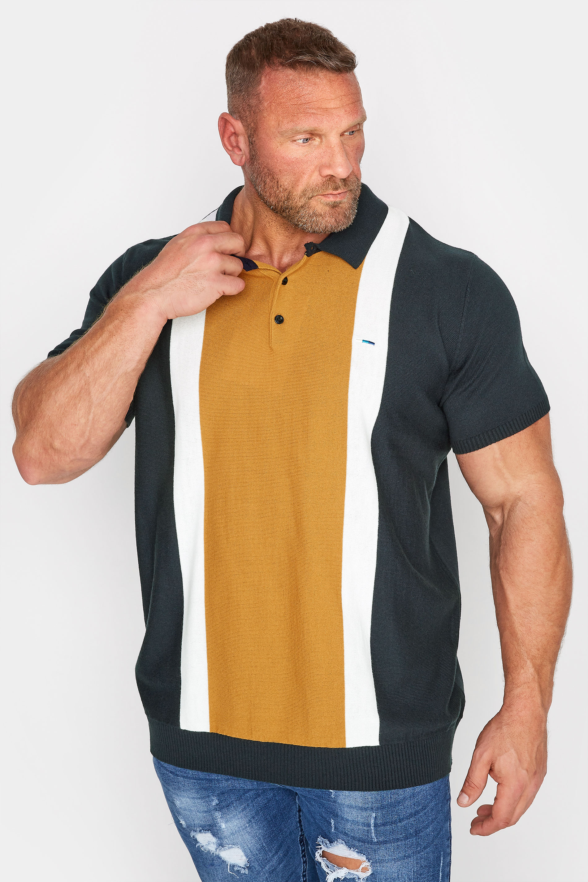 BadRhino Big & Tall Navy Blue Vertical Stripe Knitted Polo Shirt 1