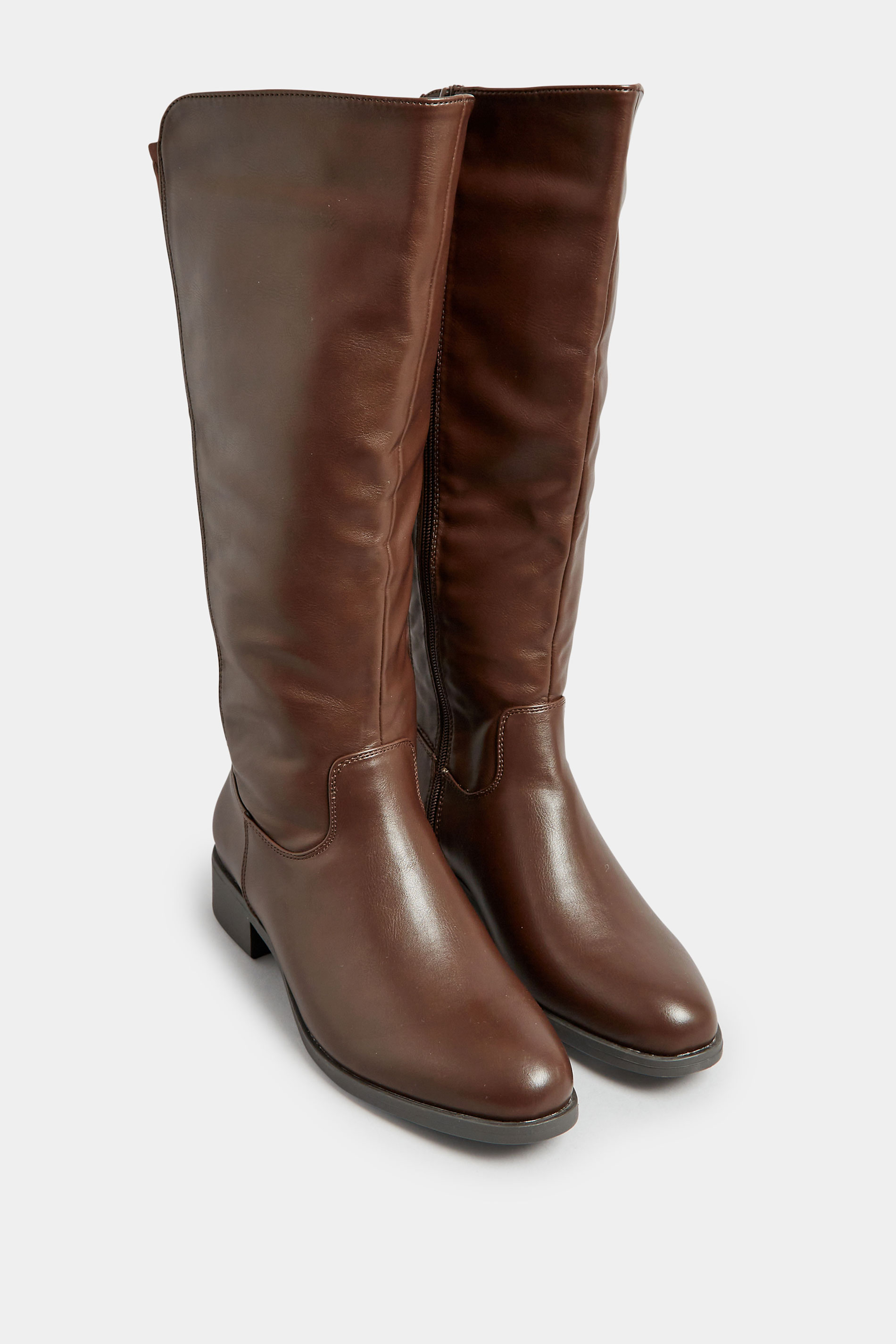 Chocolate Brown PU Stretch Heeled Knee High Boots In Wide E Fit & Extra Wide EEE Fit 2