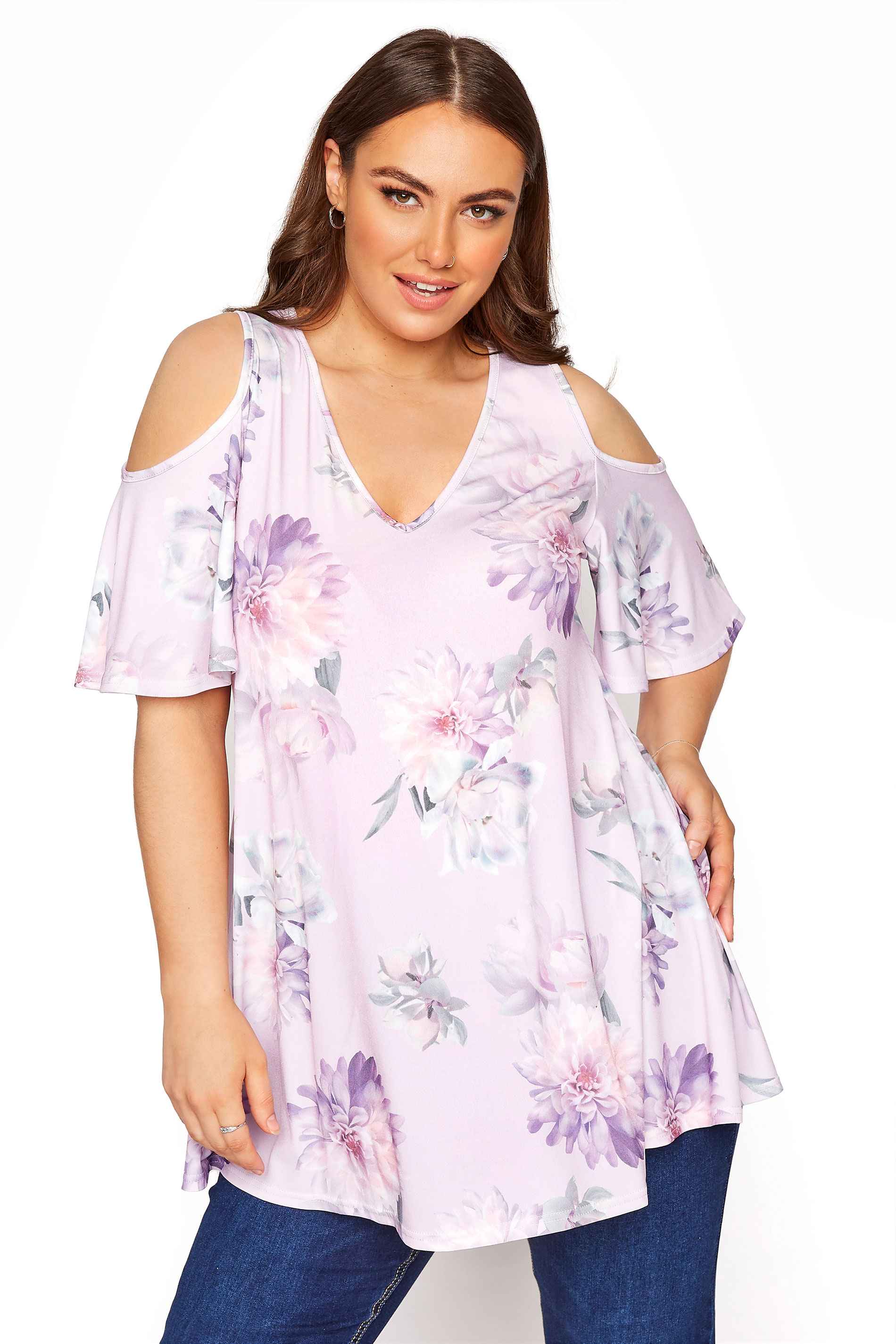 YOURS LONDON Pink Floral Cold Shoulder Top | Yours Clothing  1