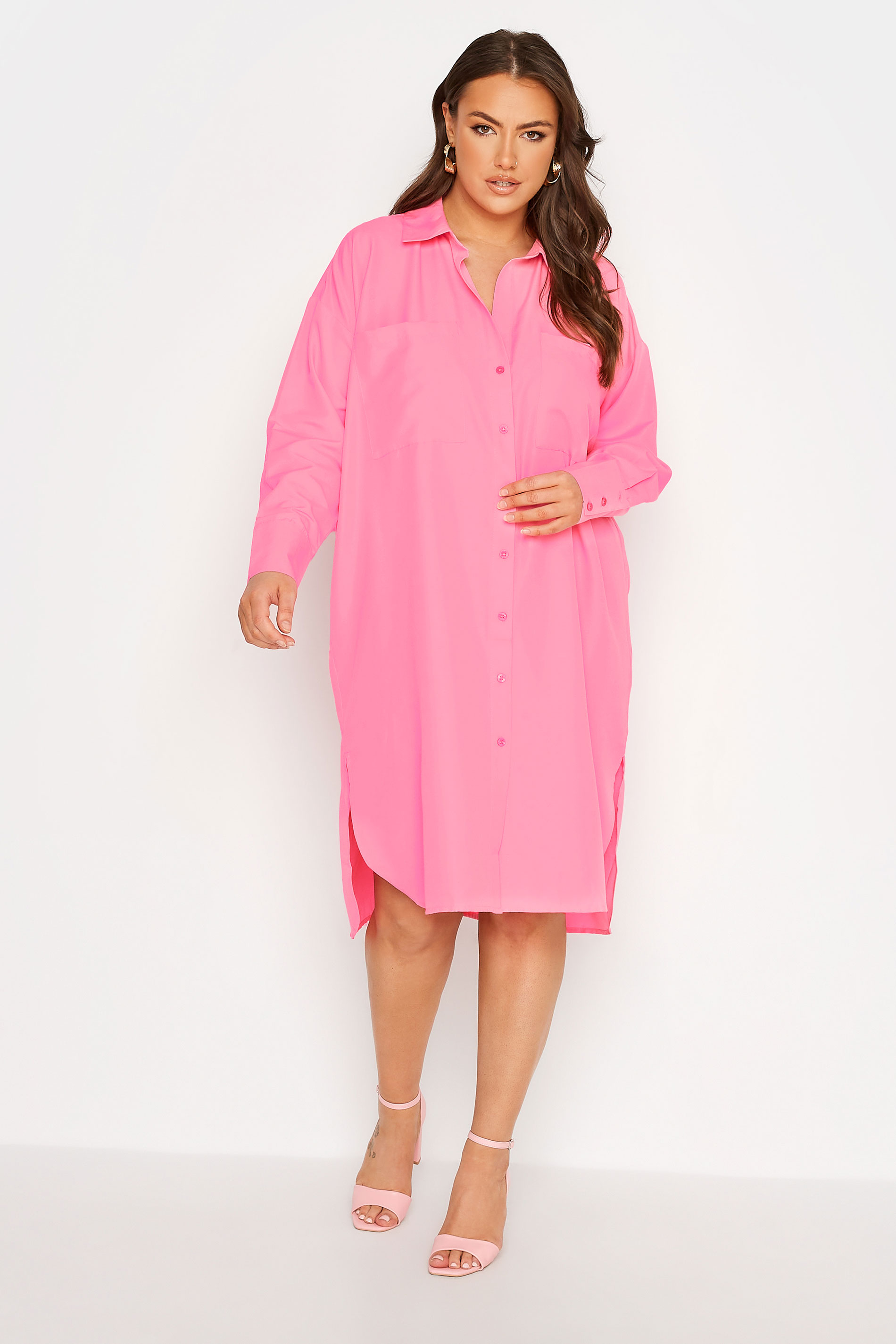 Robes Grande Taille Grande taille  Robes Mi-Longue | LIMITED COLLECTION - Robe-Chemisier Rose Manches Longues - UO01071