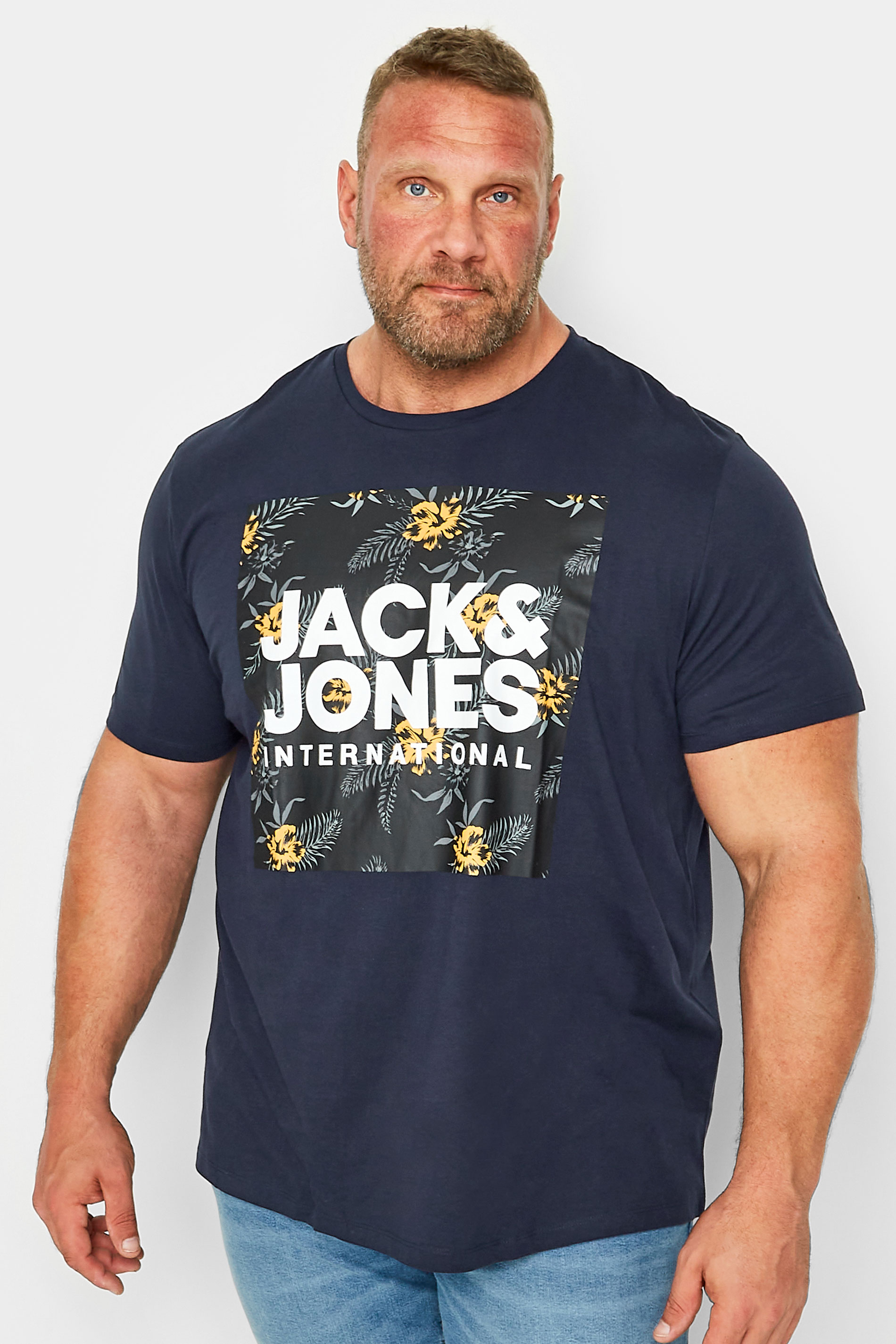 JACK & JONES Big & Tall Navy BlueTropical Logo Print T-Shirt | BadRhino 1
