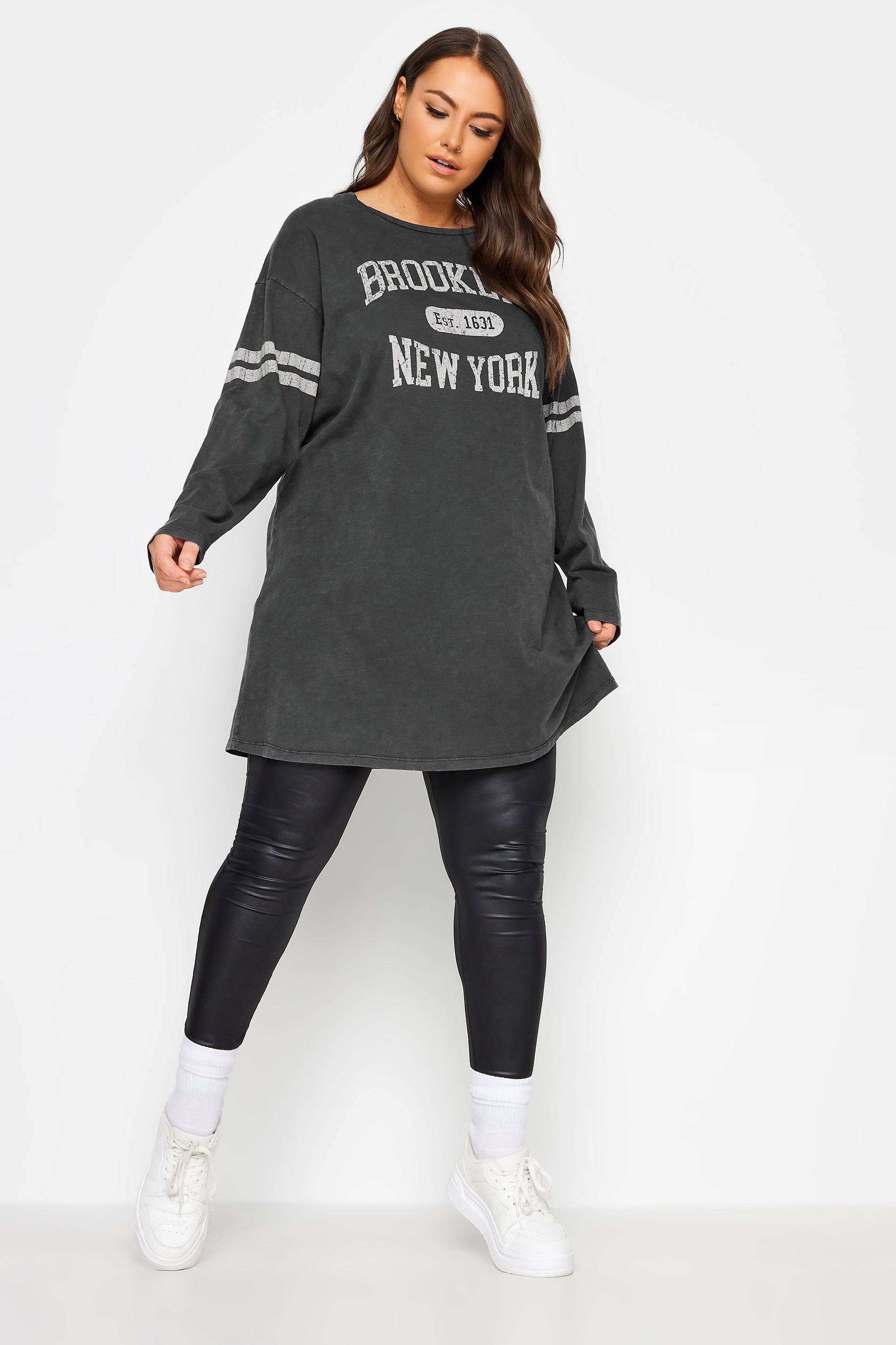 YOURS Plus Size Grey Acid Wash 'Brooklyn' Slogan T-Shirt | Yours Clothing 2