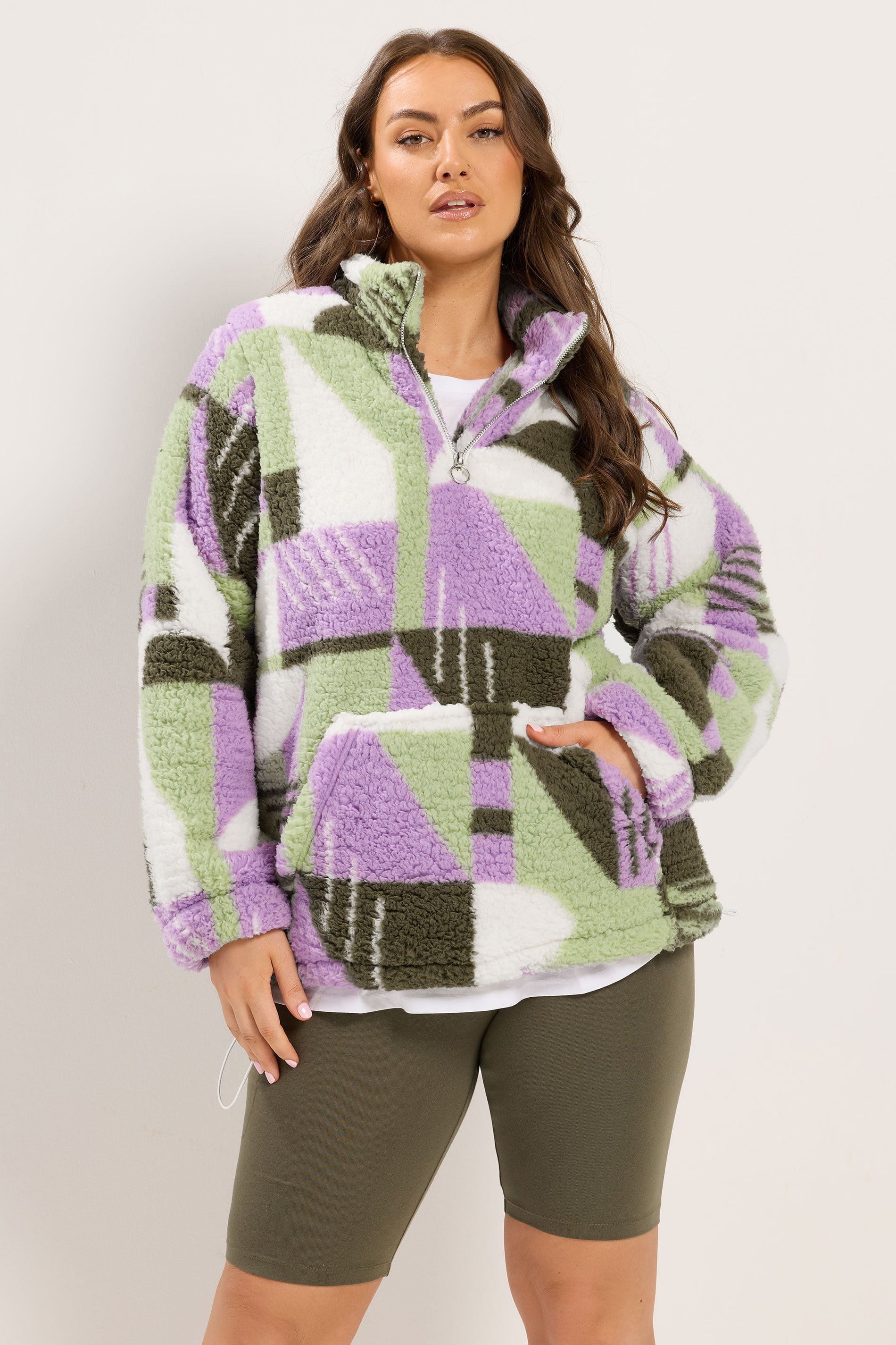 YOURS Plus Size Green & Purple Abstract Quarter Zip Fleece | Yours Clothing 3