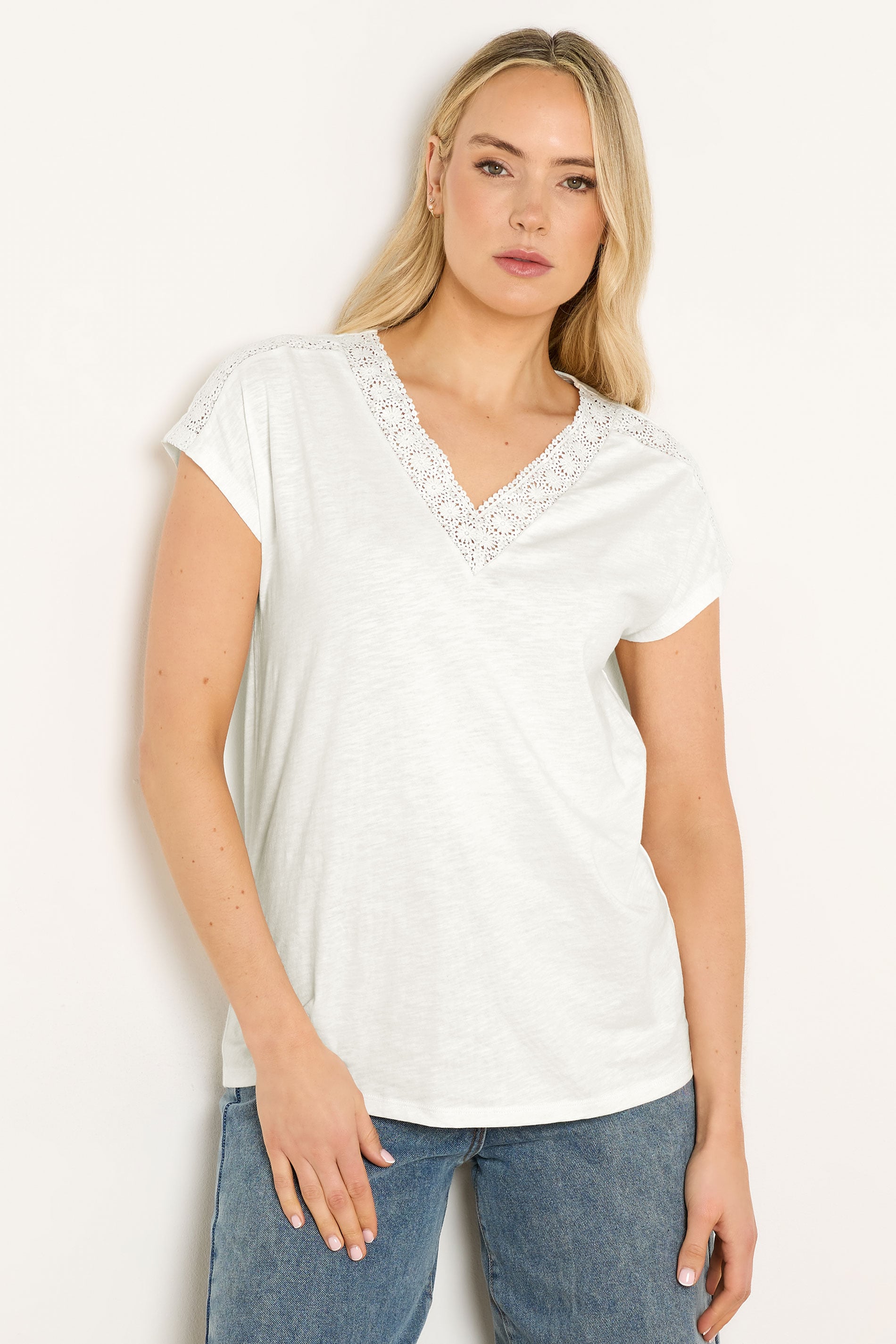 LTS Tall Women's Ivory White Lace V-Neck Cotton T-Shirt | Long Tall Sally 3
