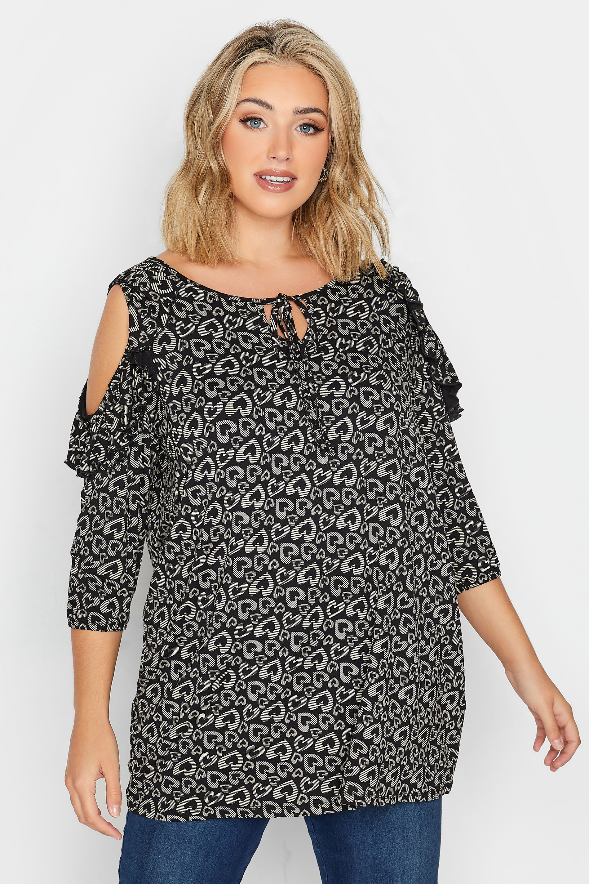 YOURS Plus Size Black Heart Print Cold Shoulder Top | Yours Clothing 1