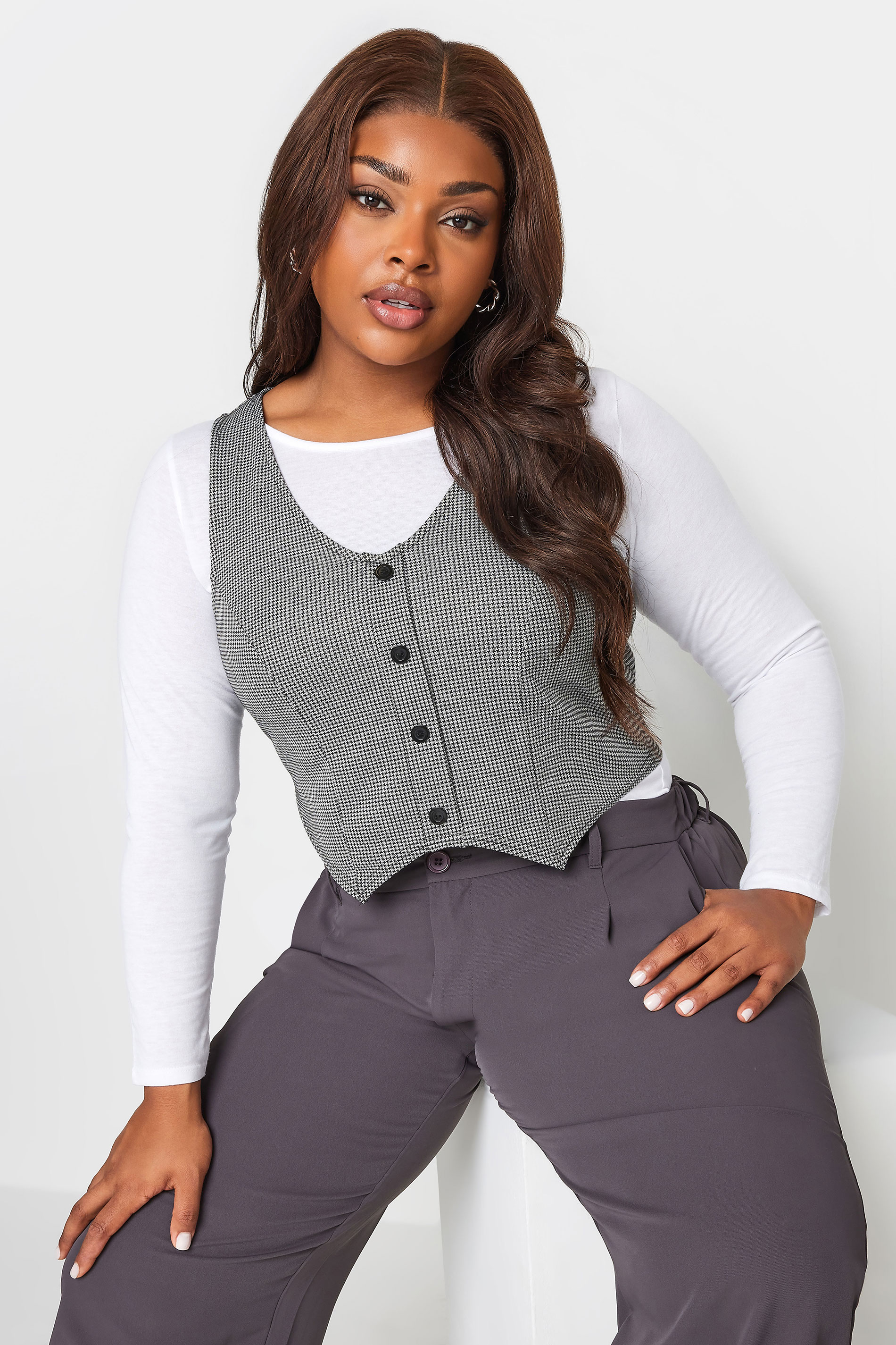 LIMITED COLLECTION Plus Size Black & White Dogtooth Waistcoat | Yours Clothing 2