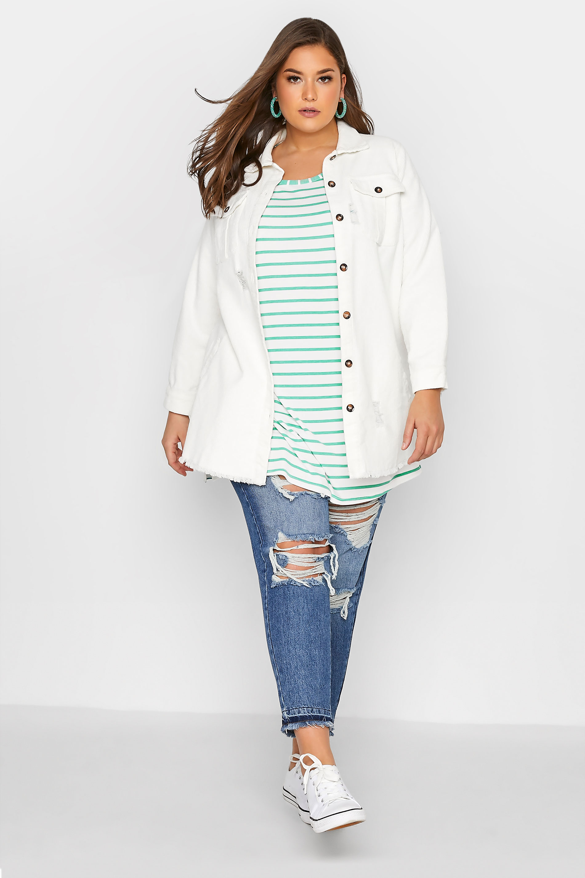 Grande taille  Tops Grande taille  Tops Casual | LIMITED COLLECTION - T-Shirt Oversize Vert & Blanc à Rayures - WQ69704