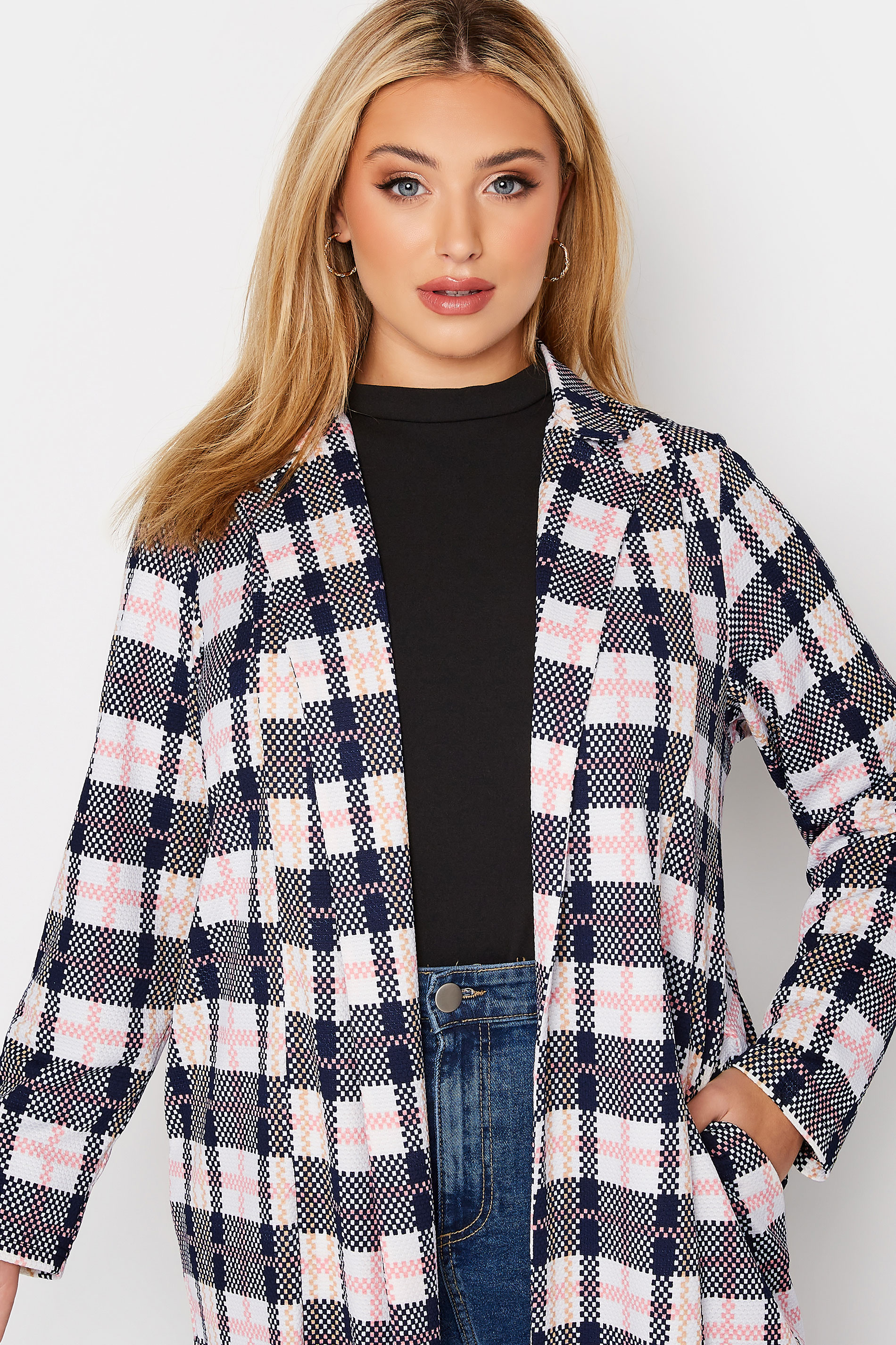 Curve Navy Blue & Pink Check Blazer | Yours Clothing