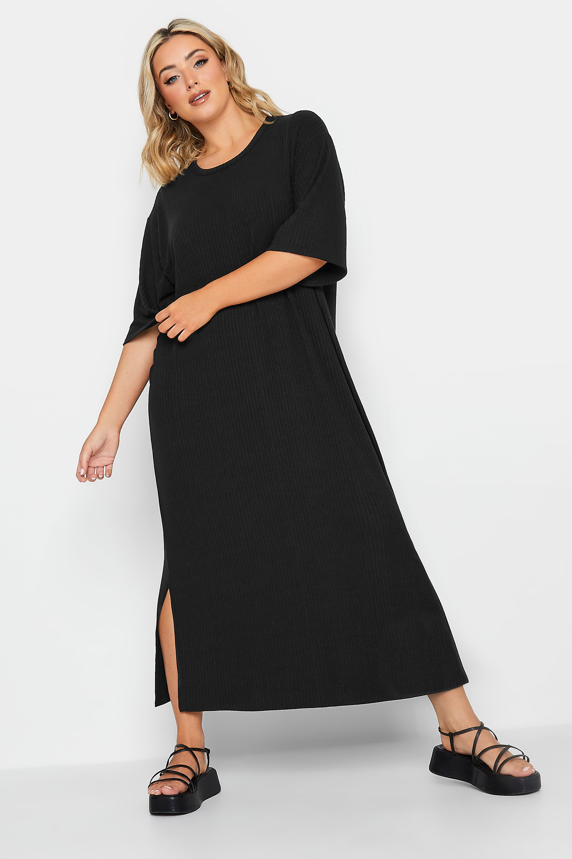YOURS Plus Size Black Ribbed T-Shirt Dress | Yours Clothing 1