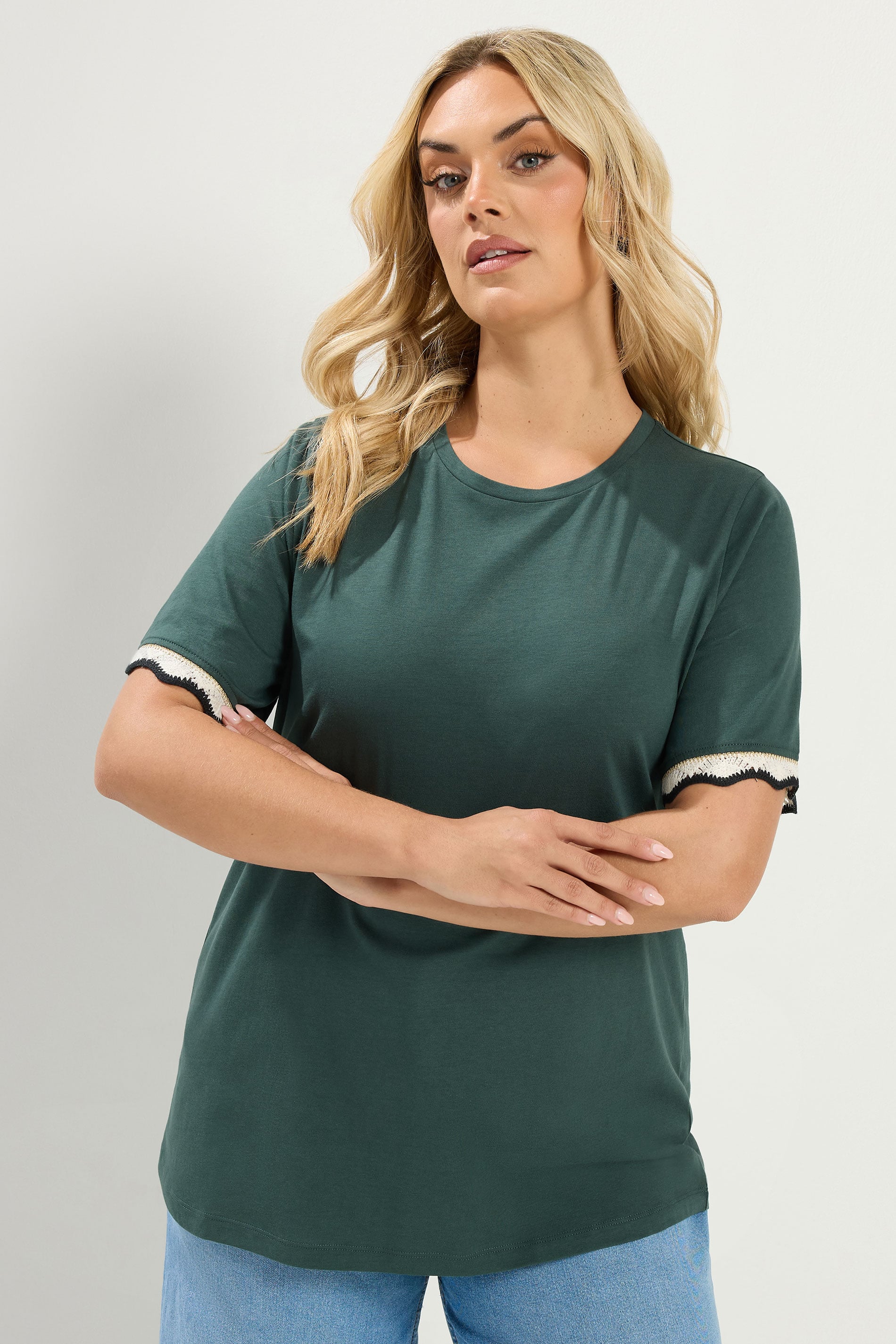 YOURS Plus Size Green Metallic Crochet Trim T-Shirt | Yours Clothing  3
