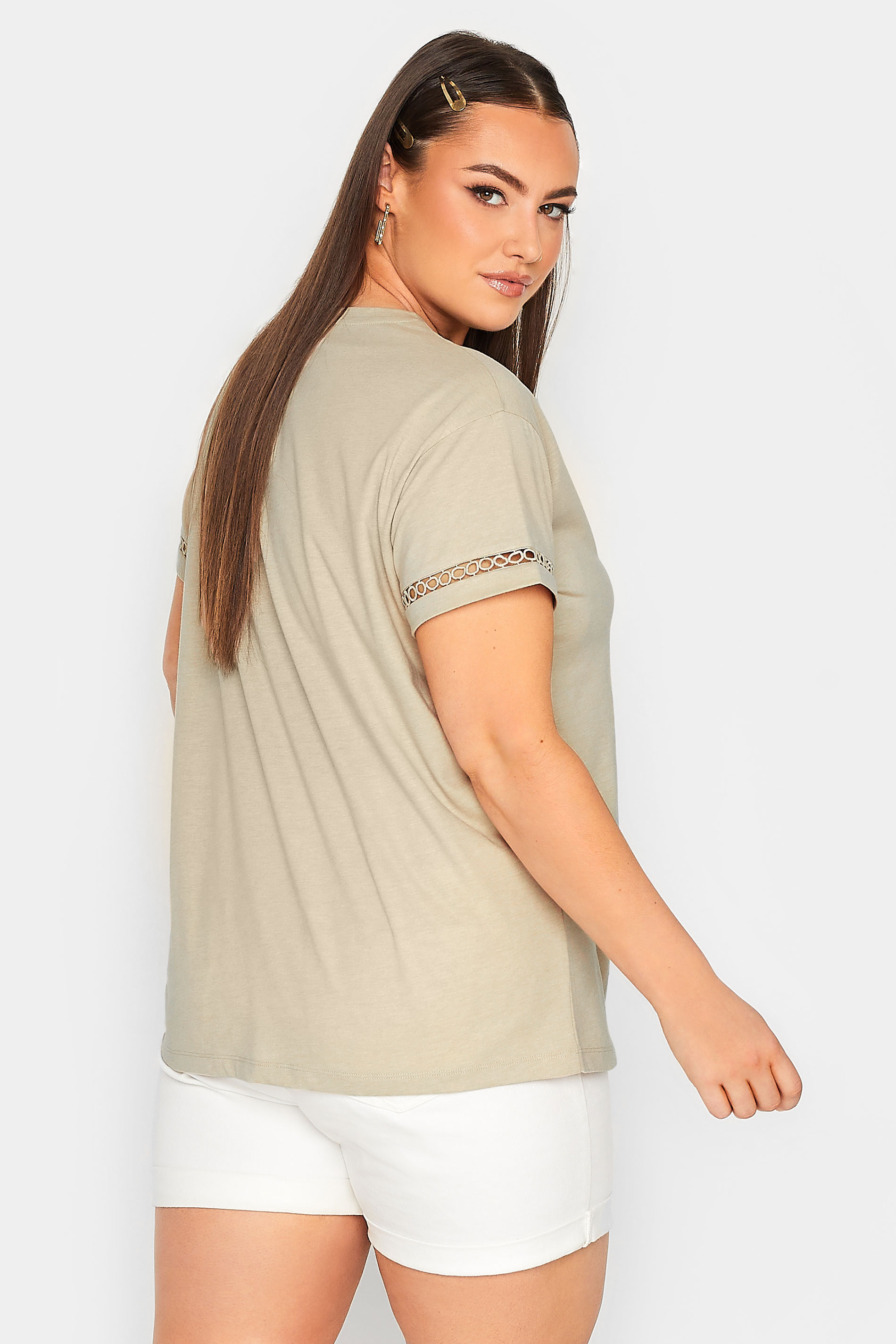 LIMITED COLLECTION Plus Size Beige Brown Crochet Trim T-Shirt | Yours Clothing  3