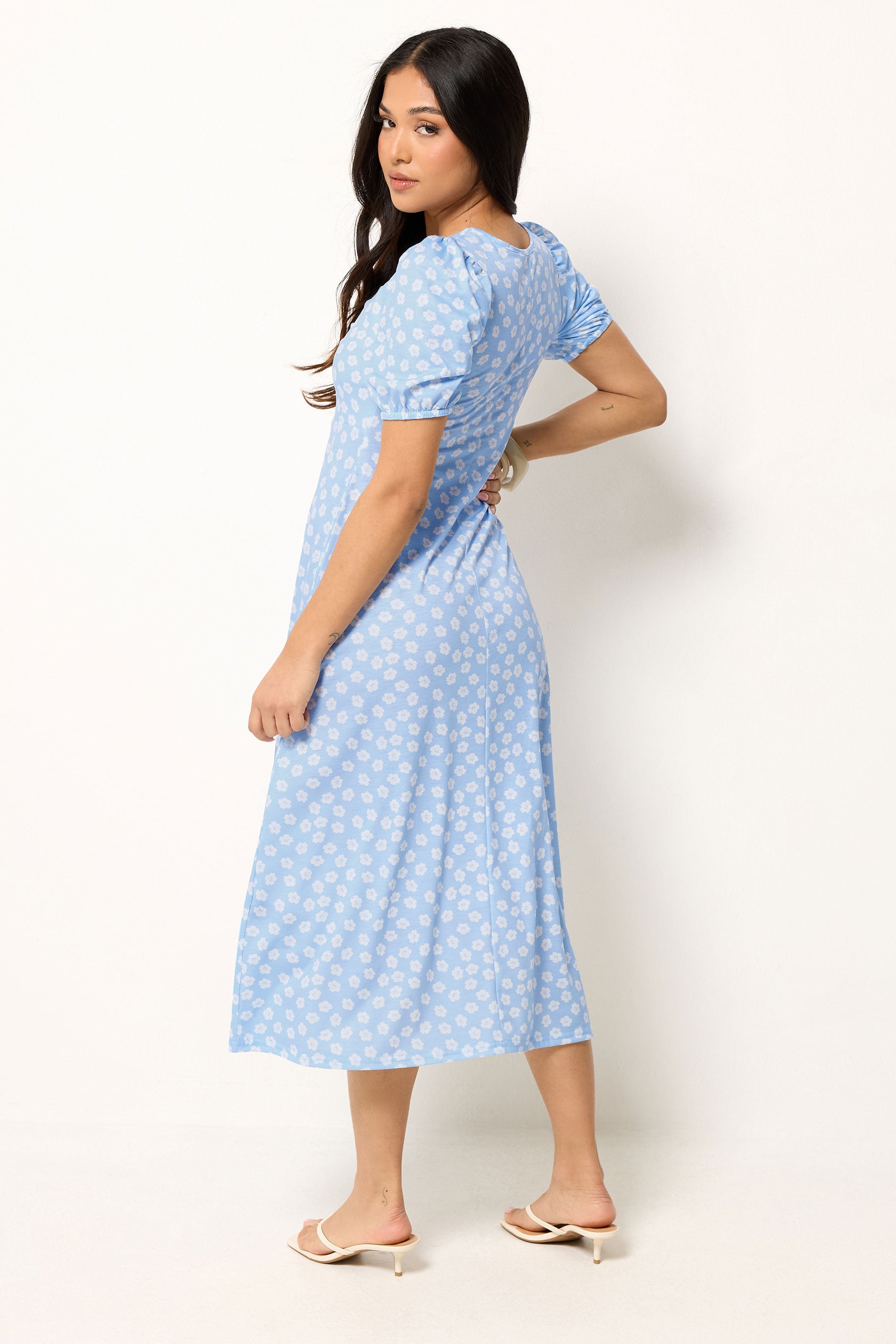 PixieGirl Petite Women's Blue Floral Ruched Midi Dress | PixieGirl 2