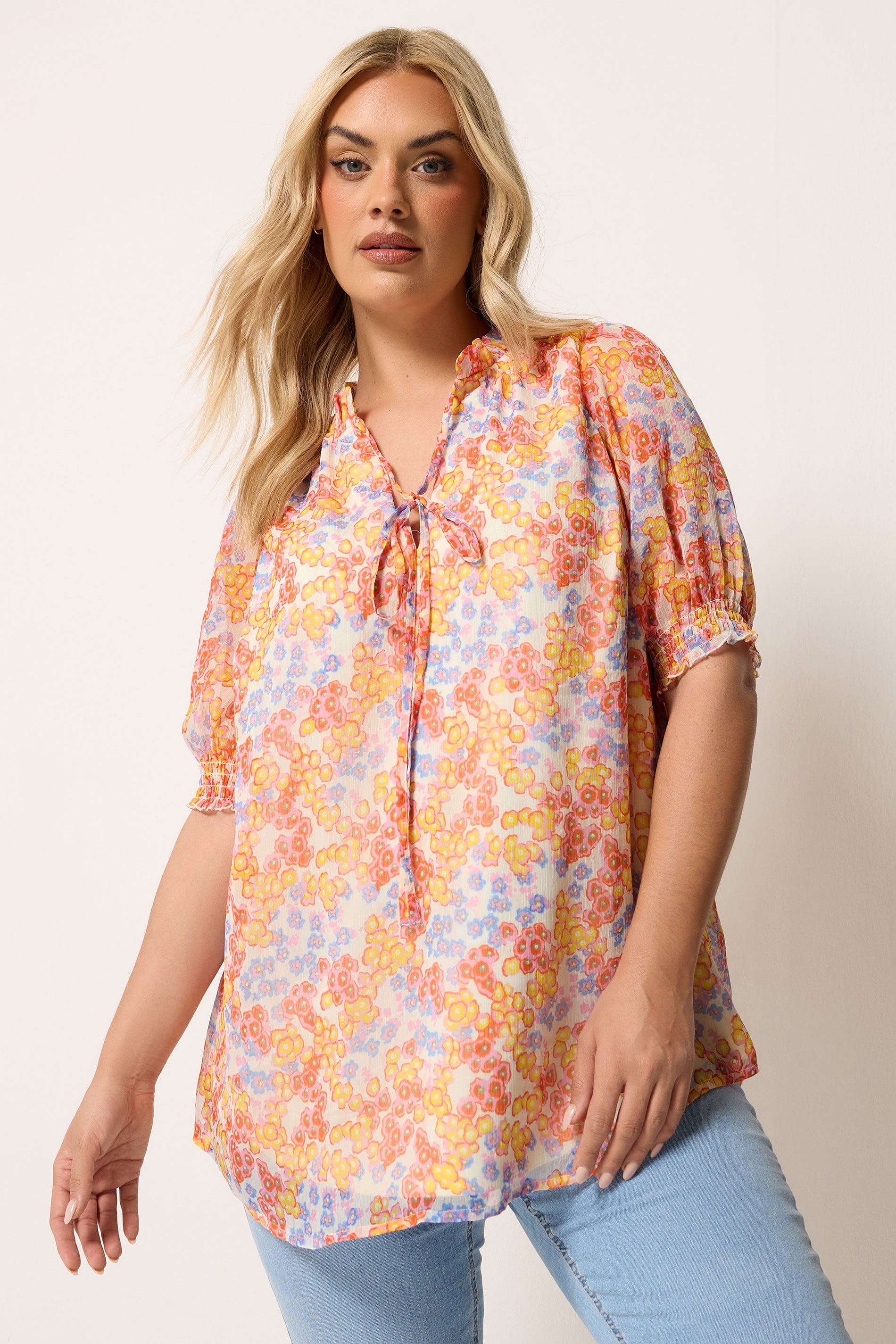 YOURS Plus Size White Floral Frill Neck Blouse | Yours Clothing 3