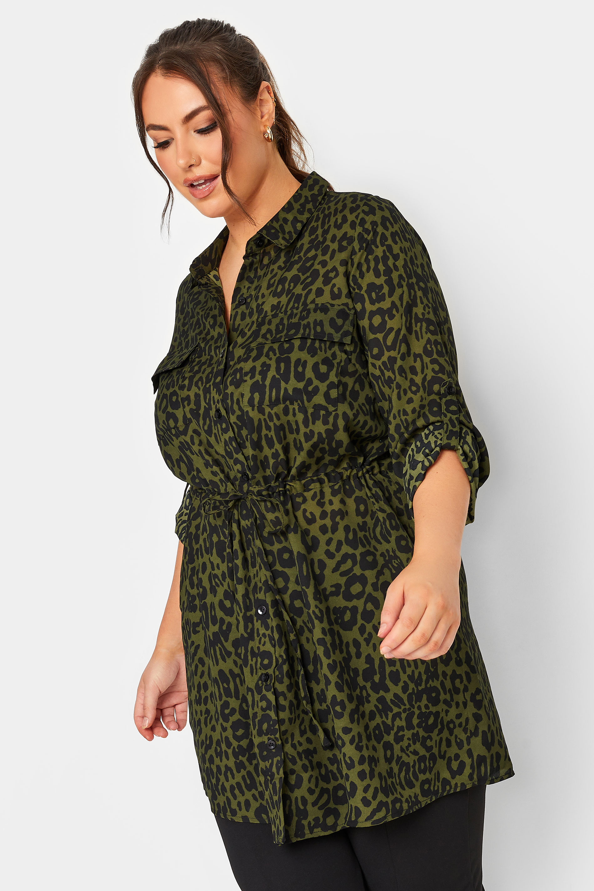 YOURS Plus Size Khaki Green Animal Print Utility Tunic Shirt | Yours Clothing 2