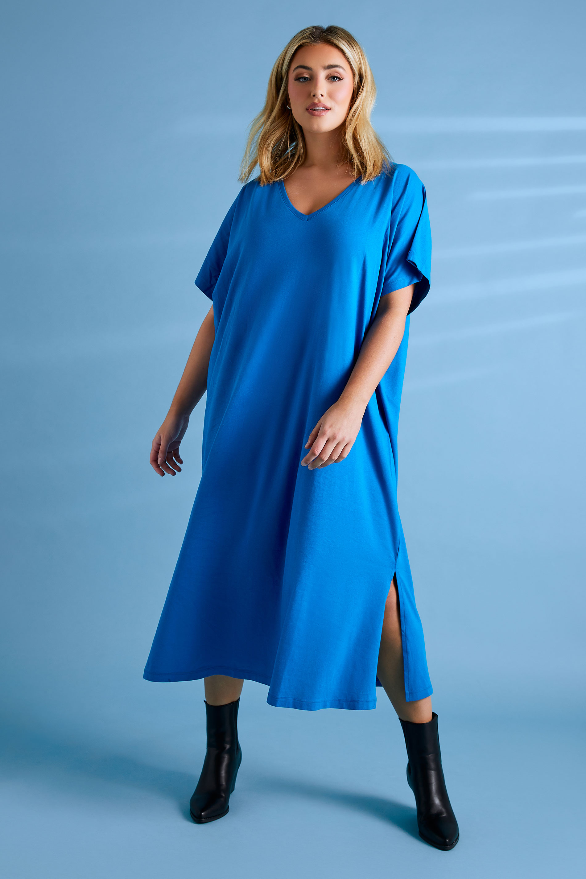 YOURS Plus Size Cobalt Blue Side Split Midaxi T-Shirt Dress | Yours Clothing 1