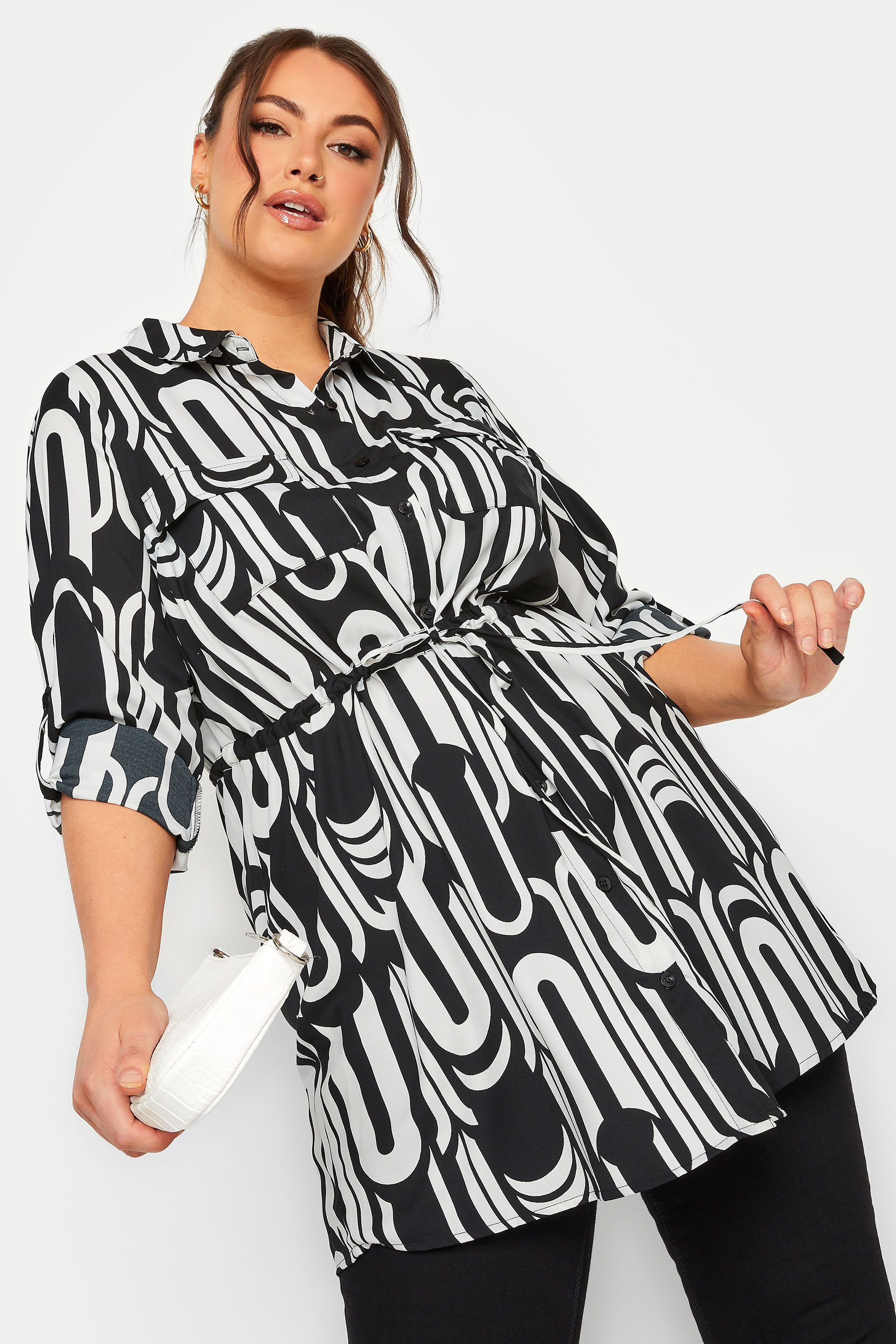YOURS Plus Size Black & White Geometric Print Utility Tunic Shirt | Yours Clothing 1
