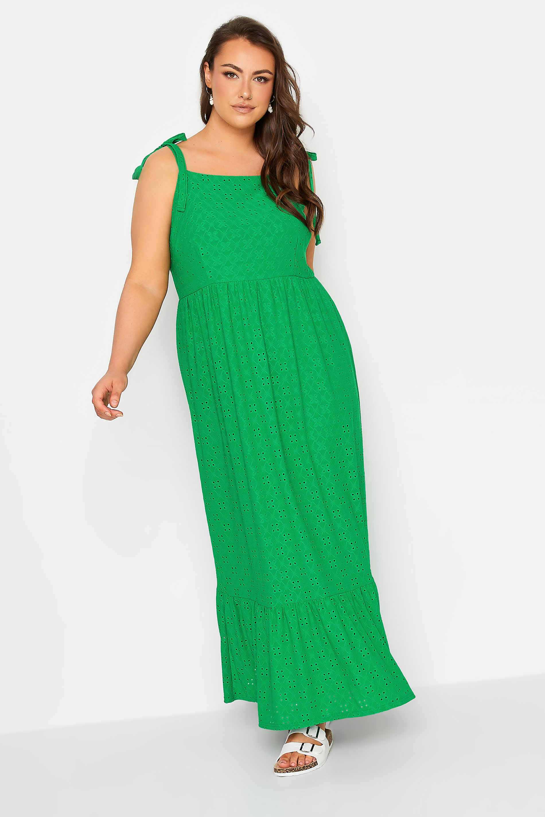 YOURS Curve Plus Size Green Broderie Anglaise Maxi Dress | Yours Clothing  1