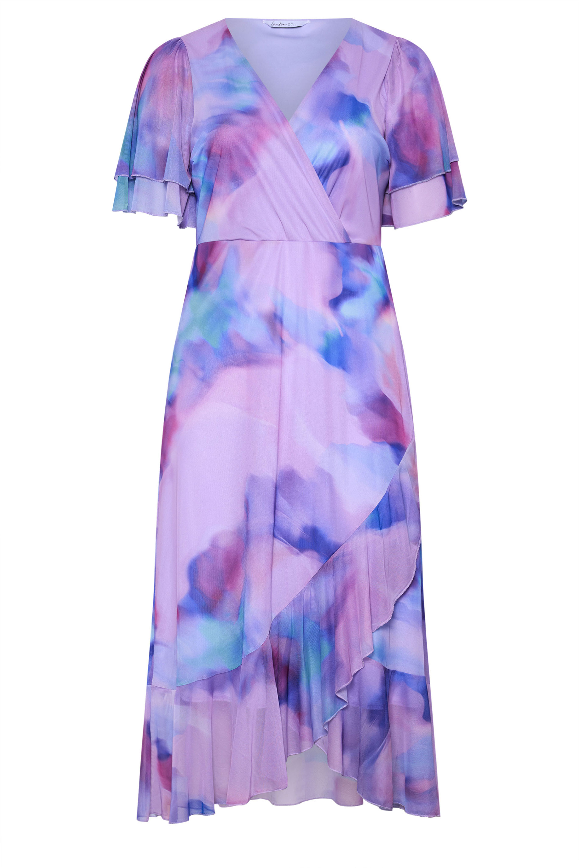 YOURS LONDON Plus Size Purple Abstract Wrap Ruffle Hem Dress | Yours Clothing 5