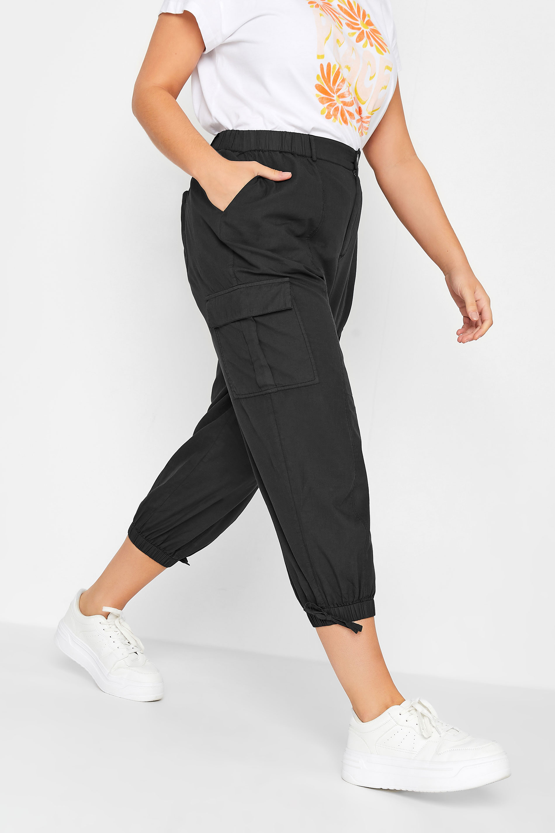 YOURS Curve Plus Size Black Cropped Cargo Trousers | Yours Clothing