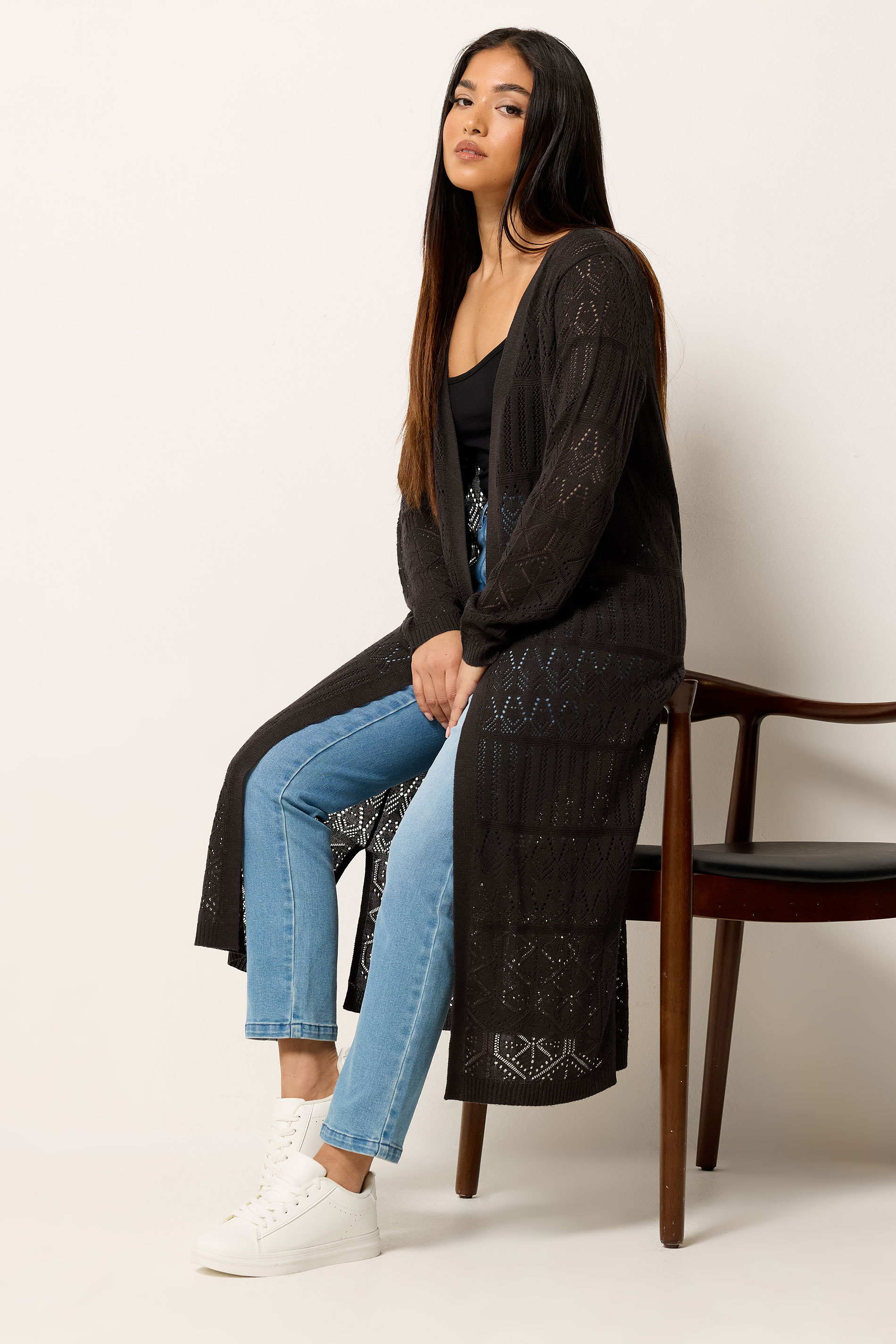 M&Co Petite Chocolate Brown Pointelle Longline Cardigan | M&Co 3