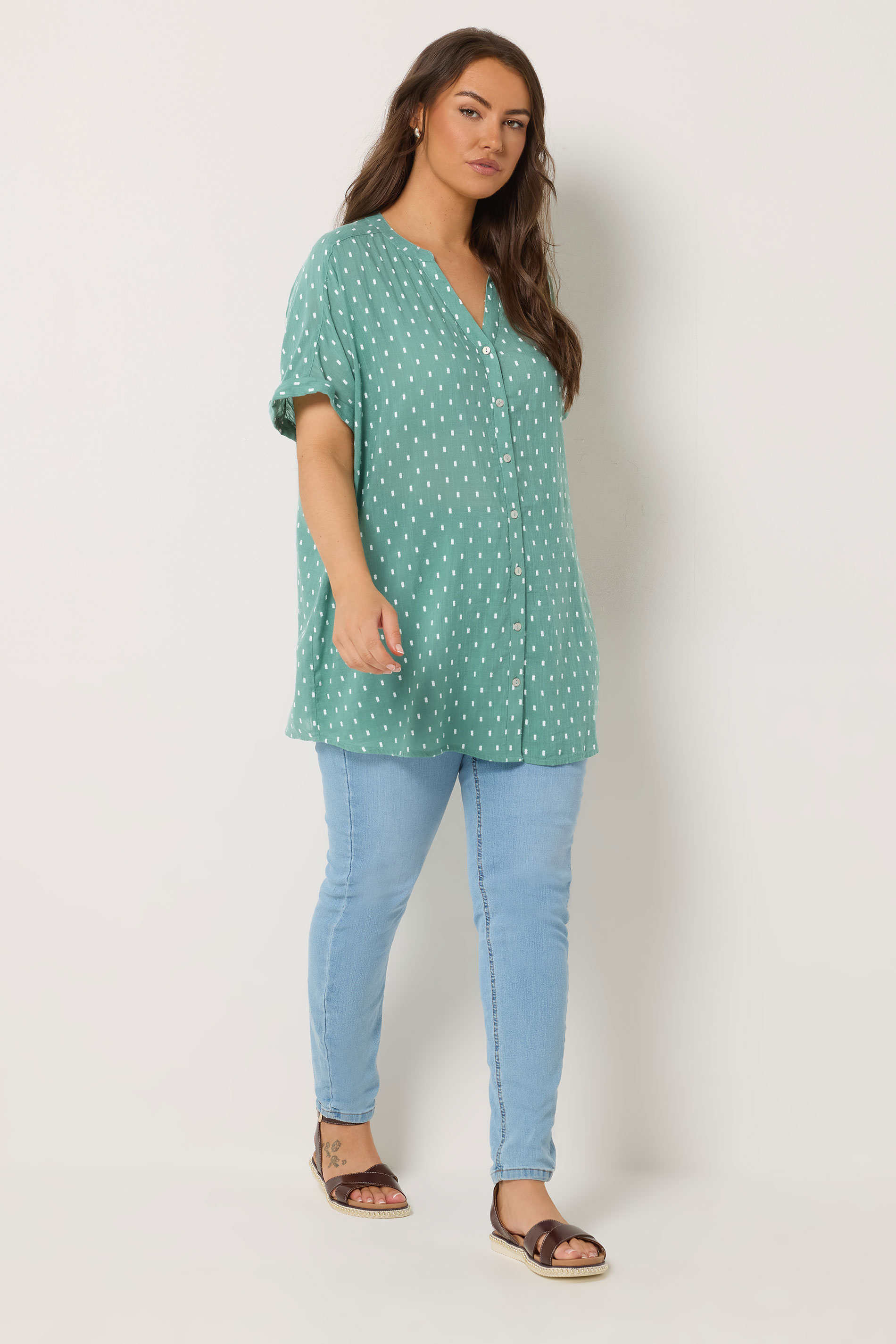 YOURS Plus Size Sage Green Dobby Notch Neck Blouse | Yours Clothing 1
