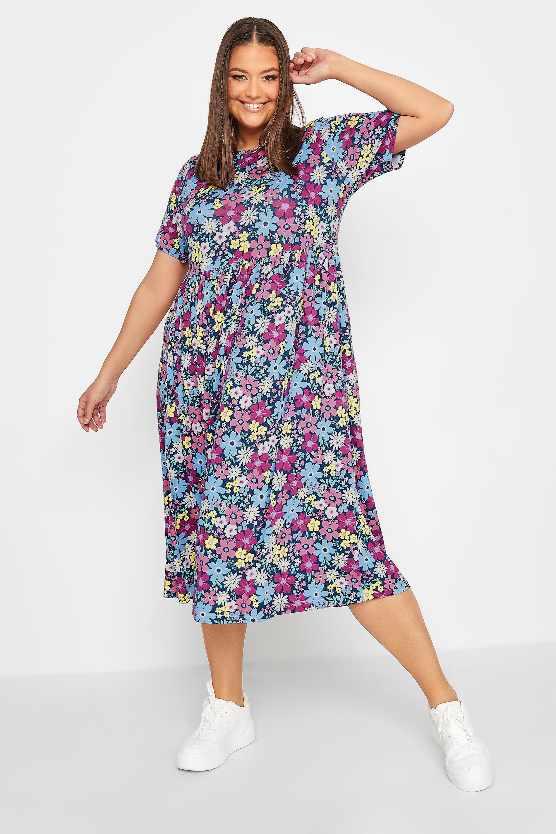YOURS Curve Plus Size Blue Floral Smock Midi Dress | Yours Clothing  1