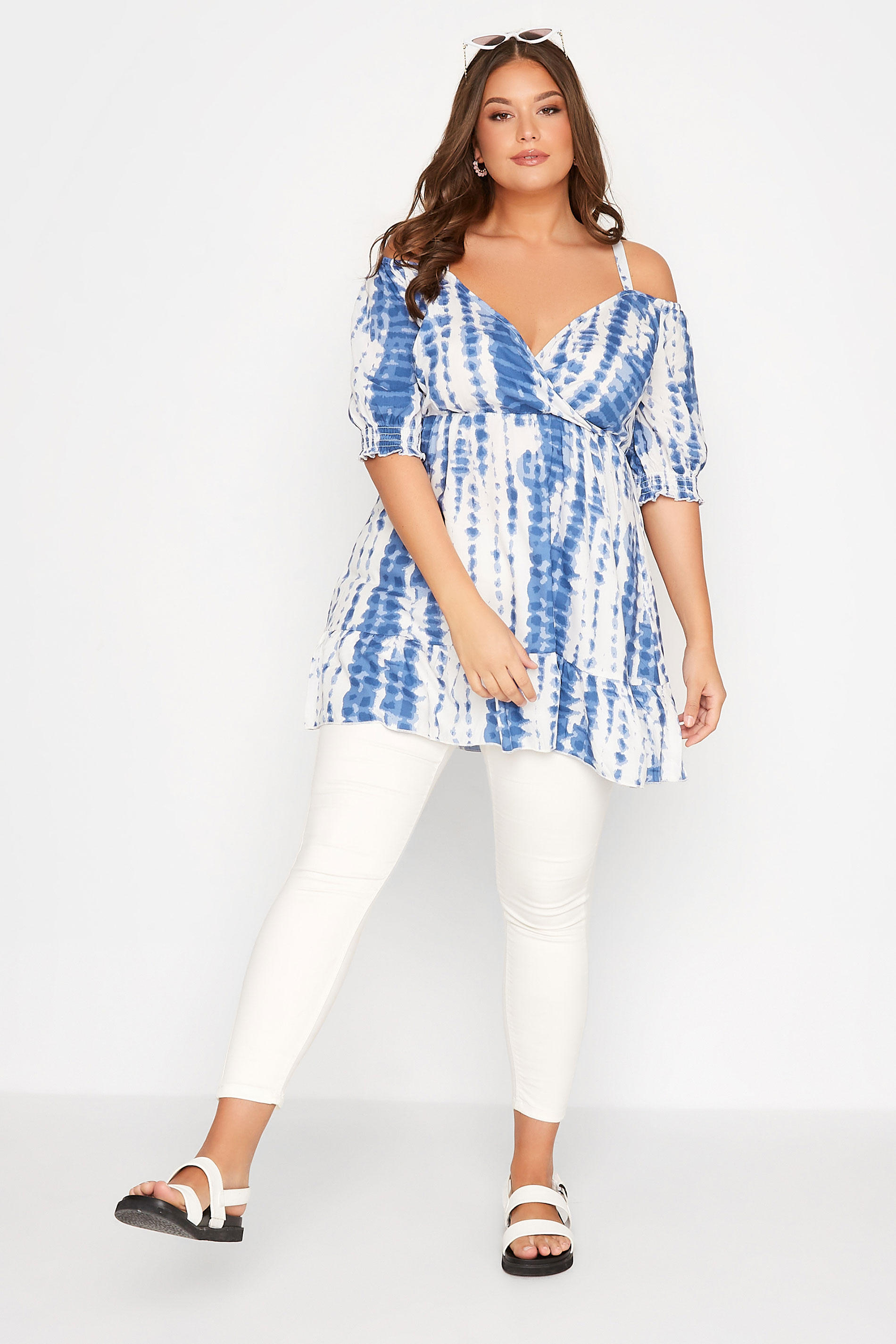 Grande taille  Tops Grande taille  Tops Casual | Curve Blue Tie Dye Cold Shoulder Top - HY43211