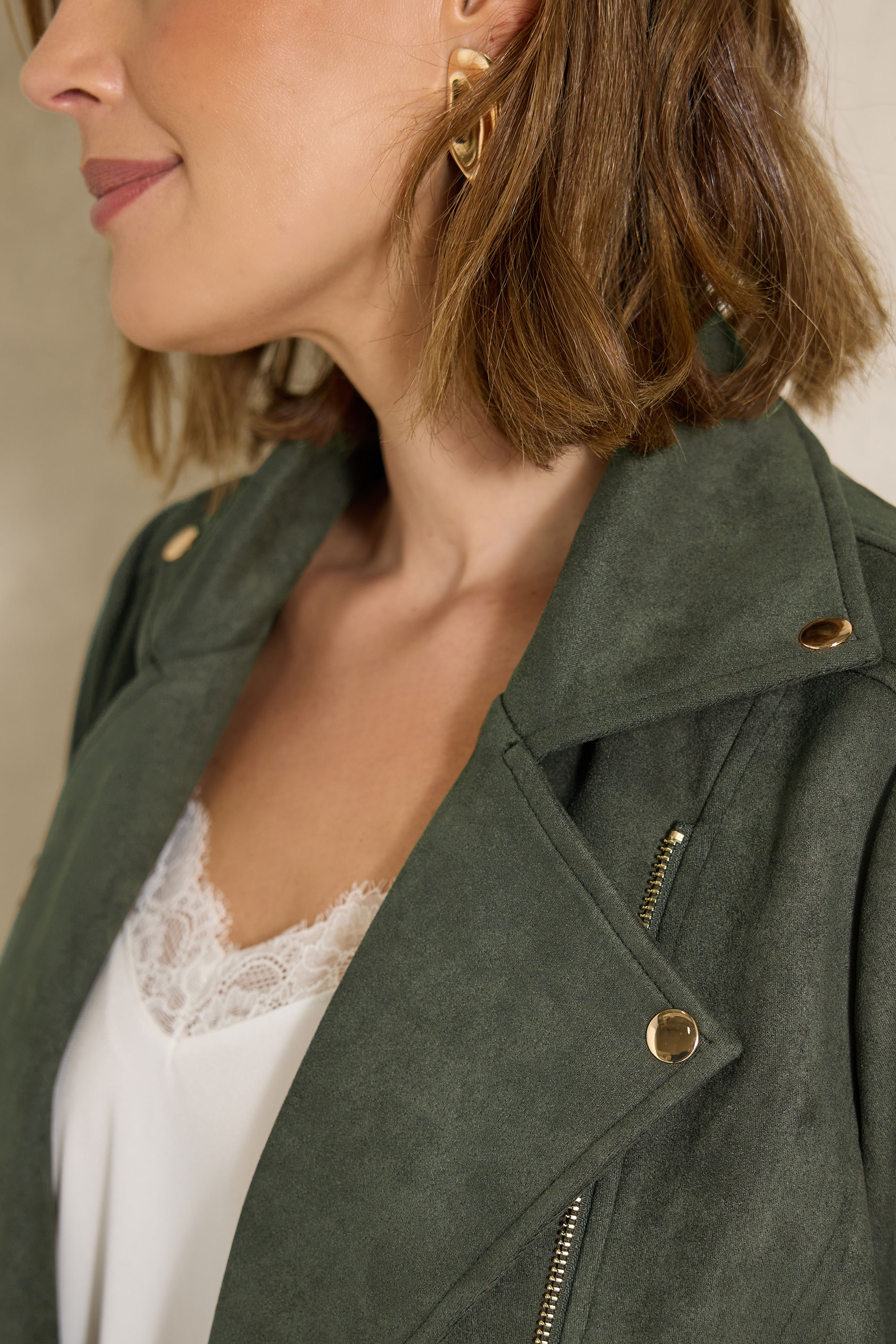 EVANS Plus Size Khaki Green Suedette Biker Jacket | Evans 4