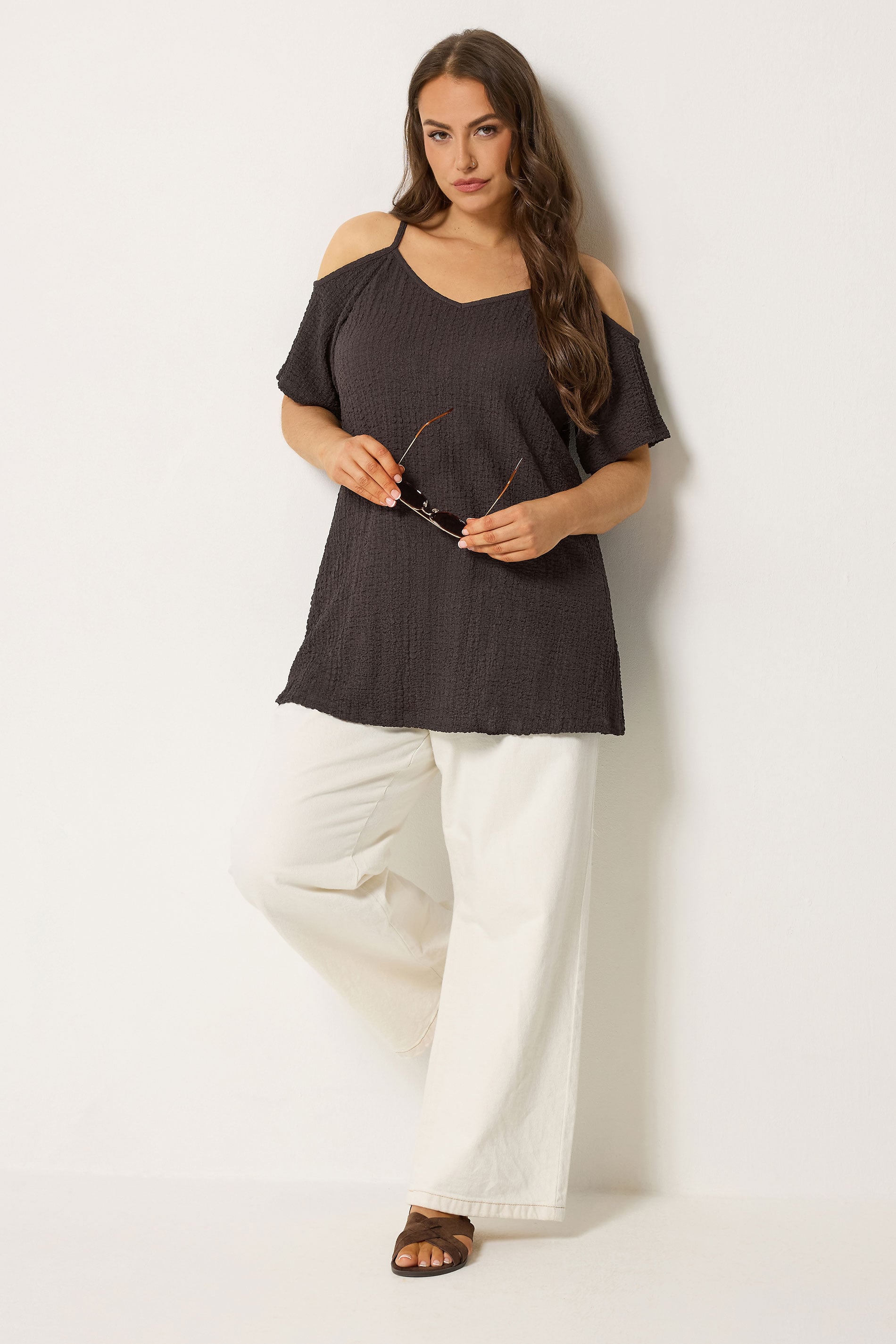 YOURS Plus Size Chocolate Brown Textured Cold Shoulder Top | Yours Clothing 1