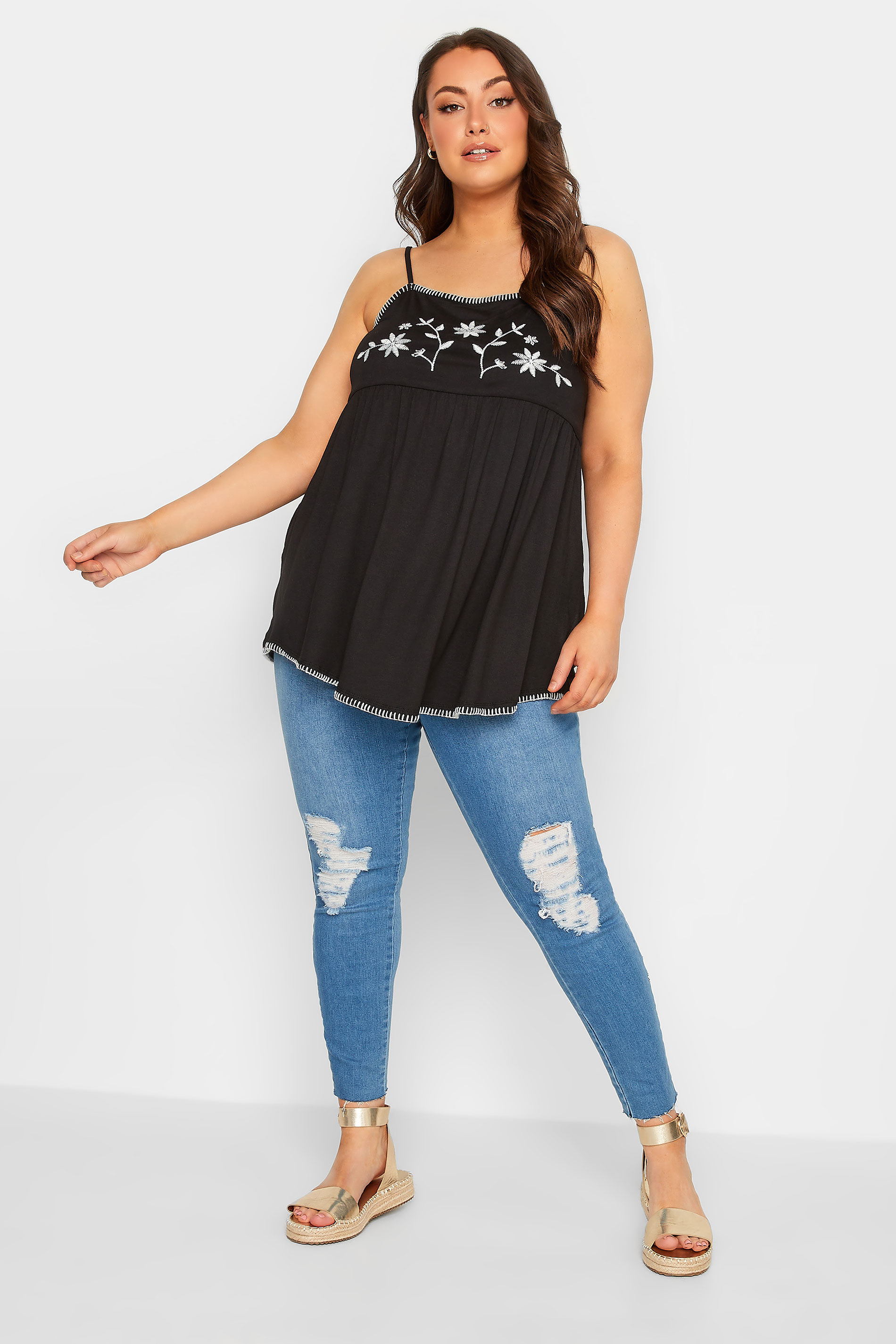 YOURS Curve Plus Size Black Embroidered Flower Swing Vest Top | Yours Clothing  2