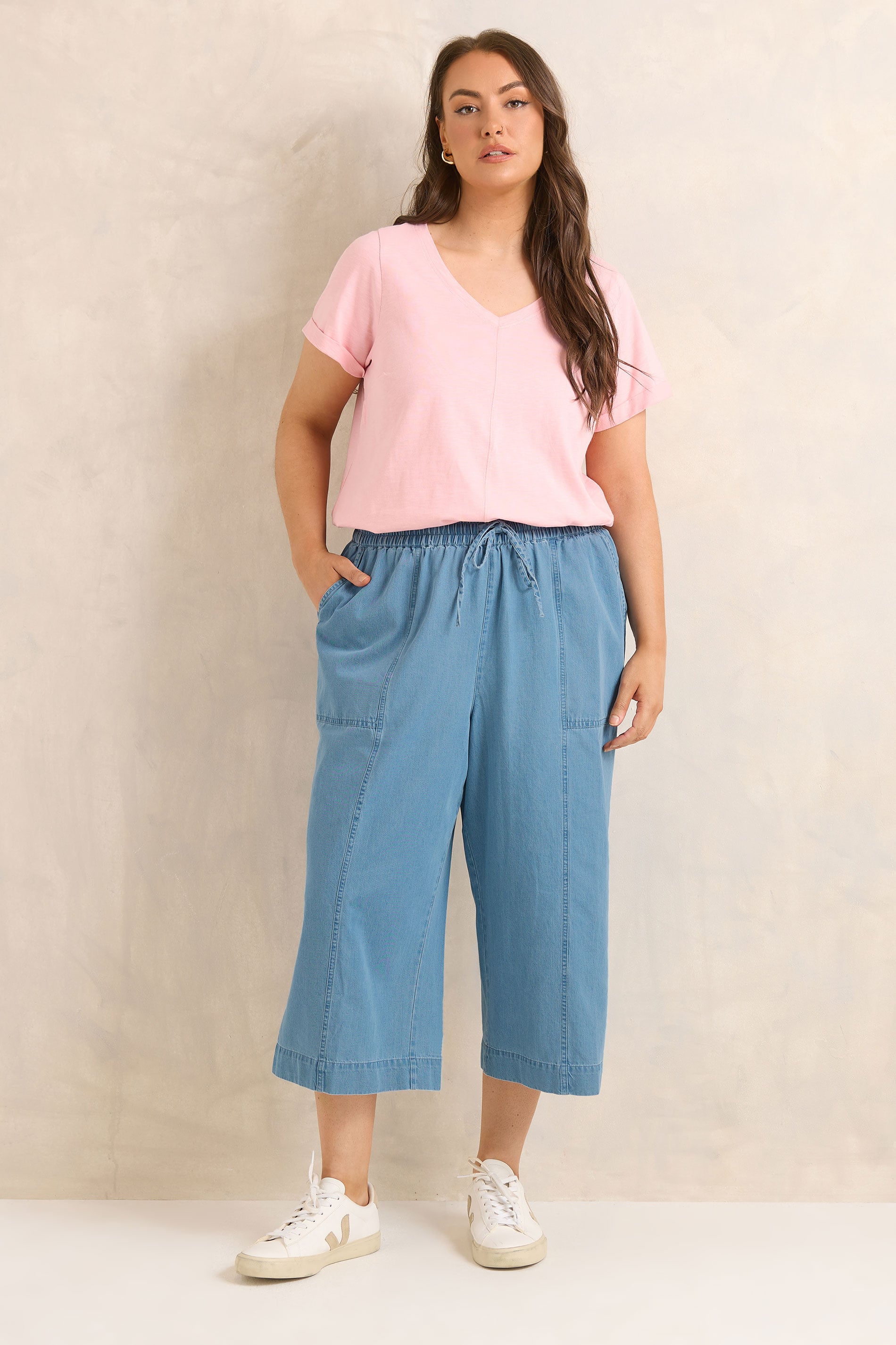 EVANS Plus Size Mid Blue Cropped Pull On Cotton Trousers | Evans 1