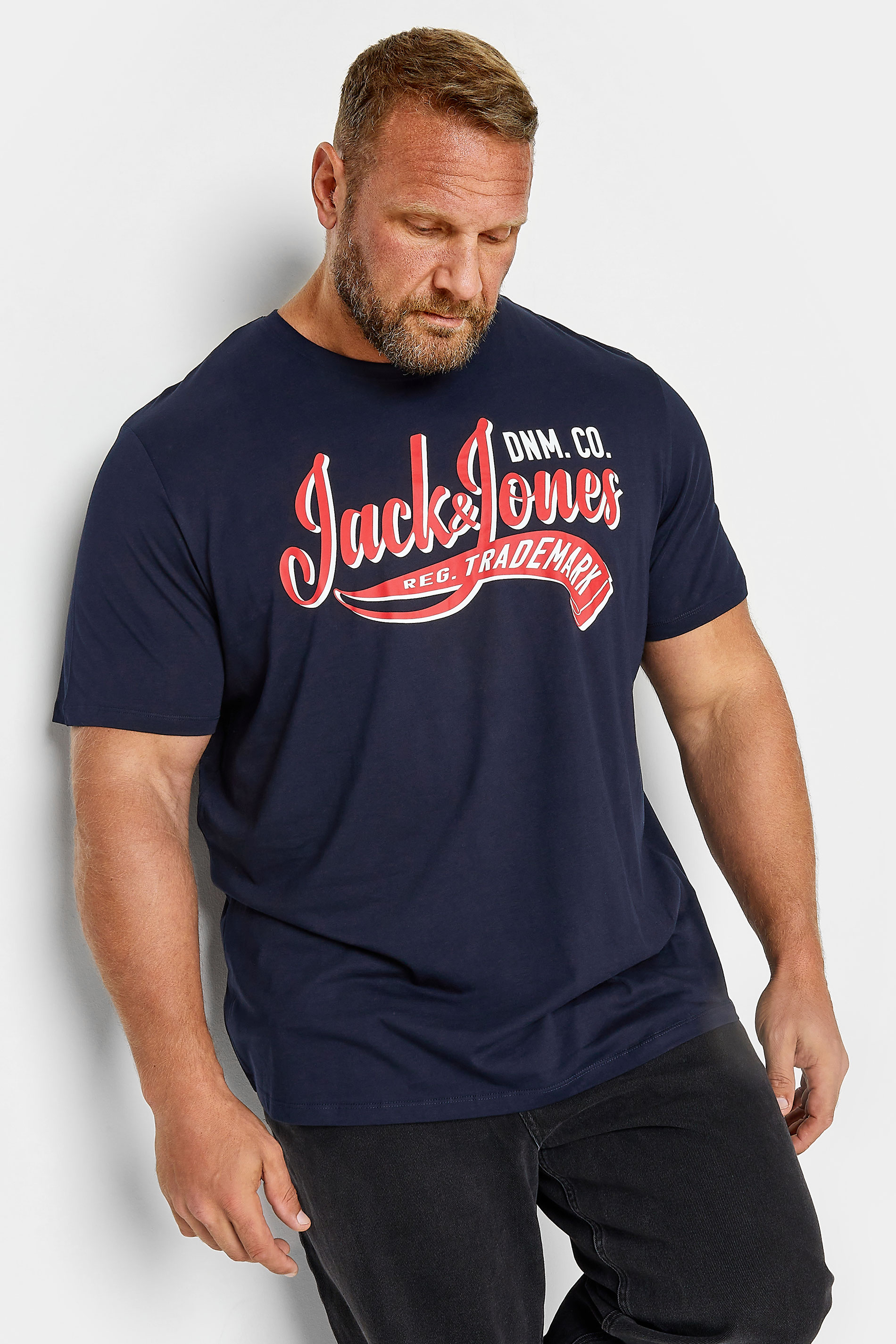 JACK & JONES Big & Tall Navy Blue Printed Logo T-Shirt | BadRhino 1