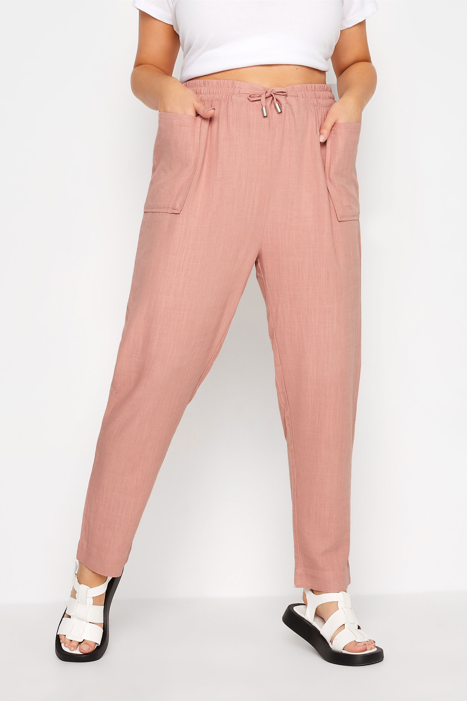Plus Size Rose Pink Linen Look Joggers | Yours Clothing  1