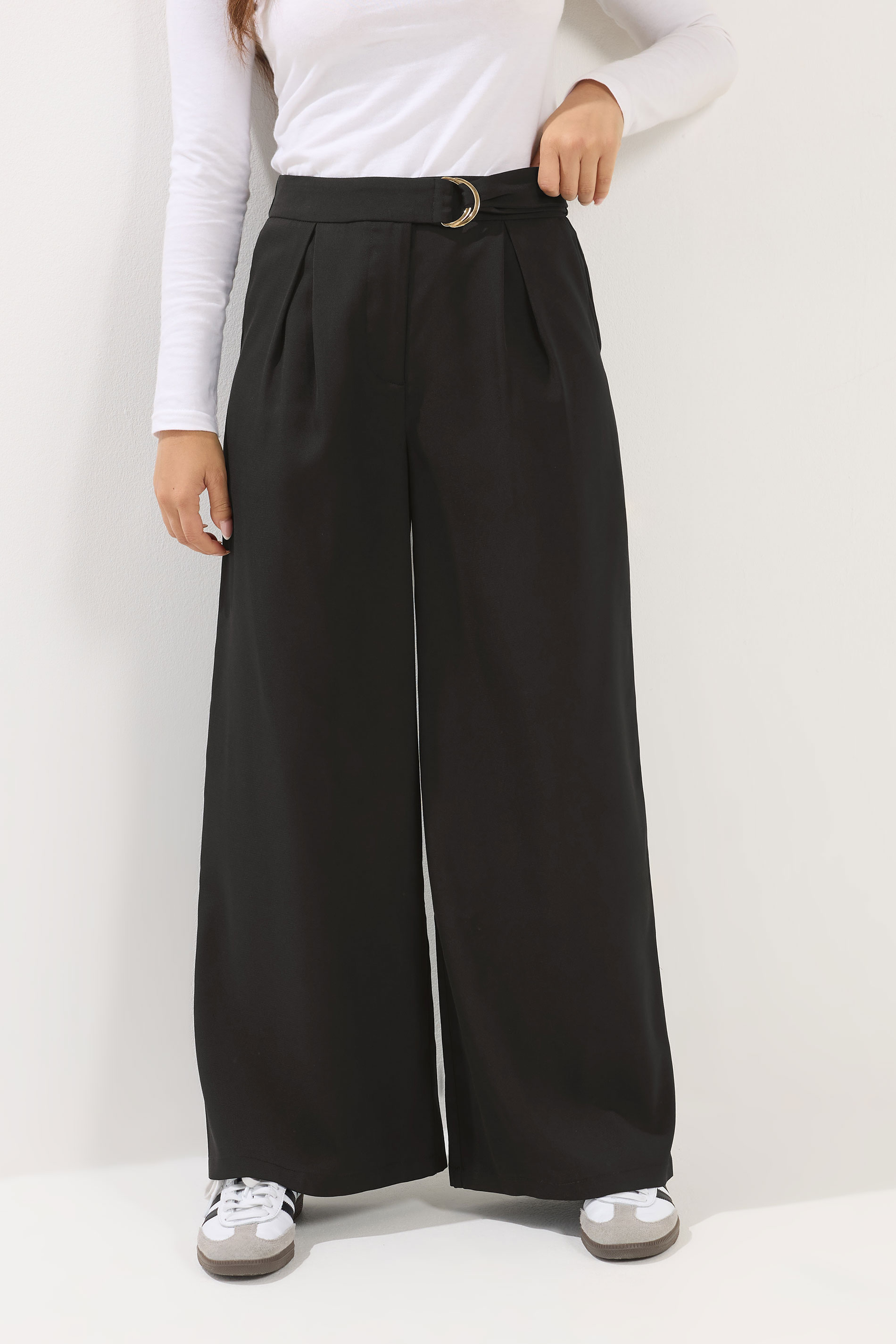 PixieGirl Petite Women's Black Belted Wide Leg Trousers | PixieGirl 1