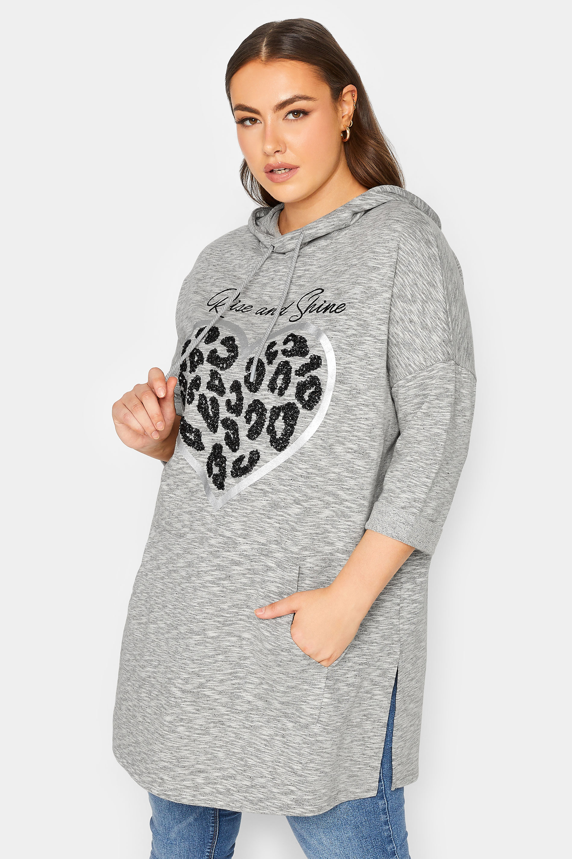 YOURS LUXURY Plus Size Curve Grey 'Rise & Shine' Slogan Heart Print Hoodie | Yours Clothing  1