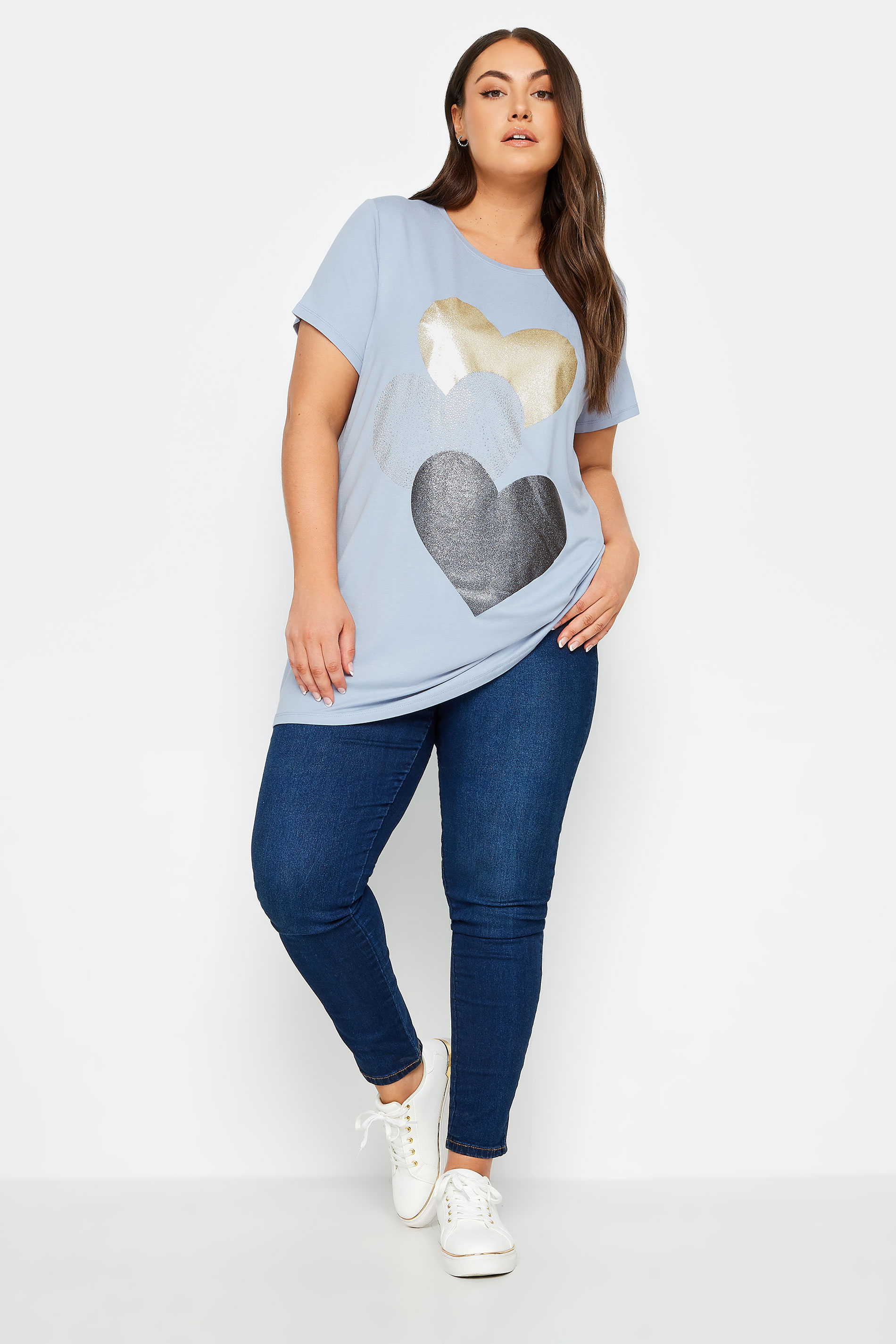 YOURS Plus Size Light Blue Glitter Heart Print T-Shirt | Yours Clothing  2