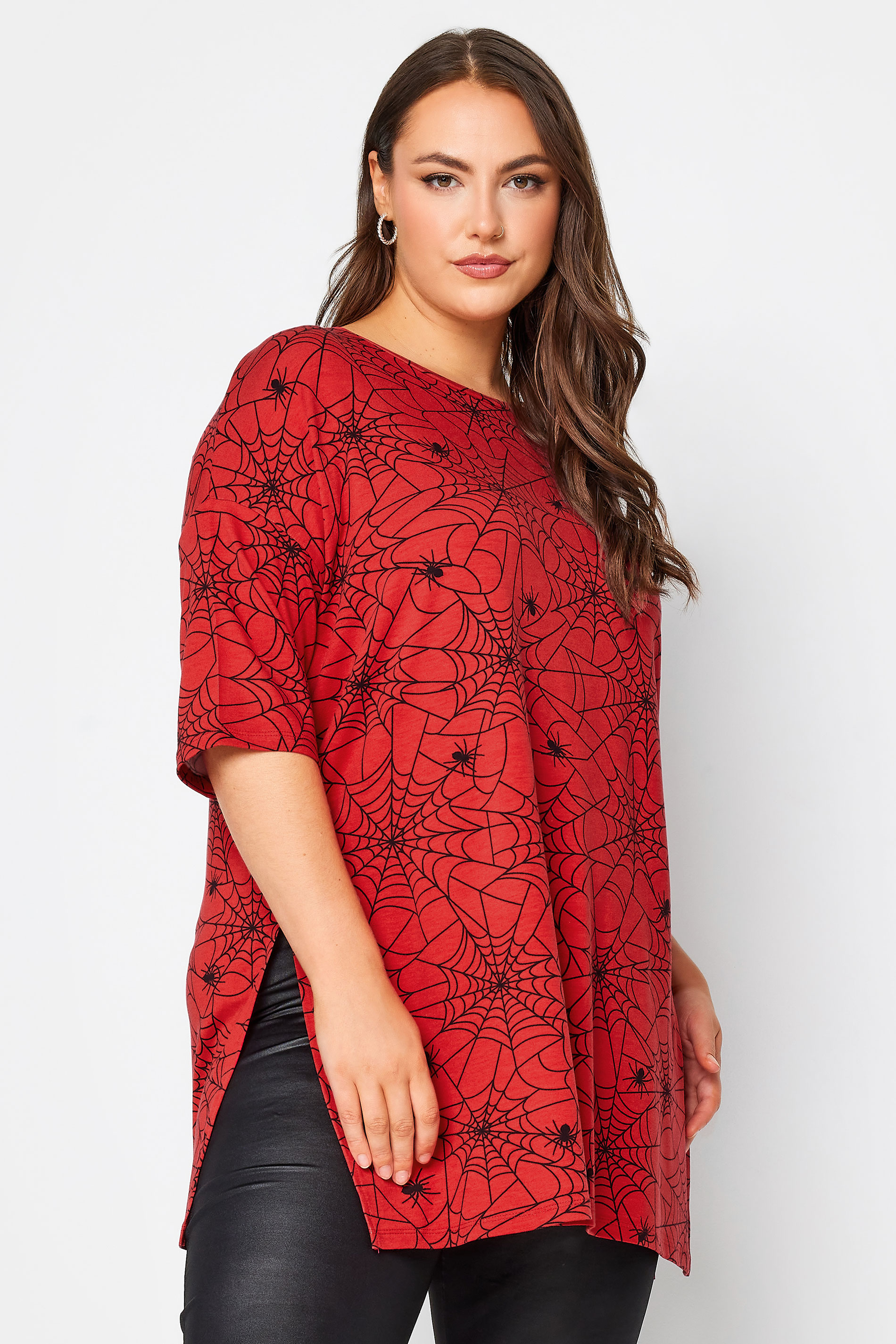 YOURS Curve Plus Size Red Cobweb Print Halloween T-Shirt | Yours Clothing  2