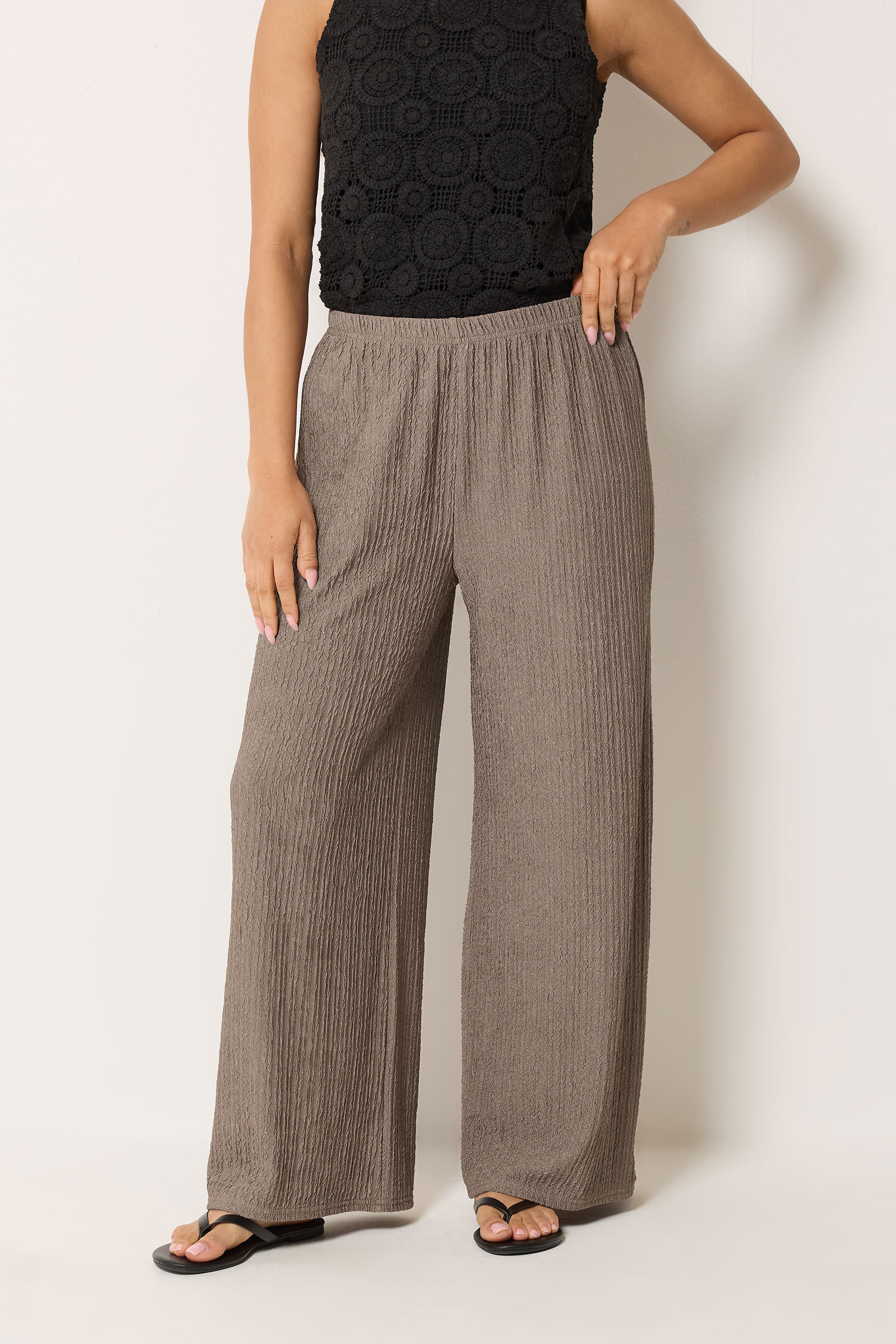 M&Co Petite Mocha Brown Crinkle Wide Leg Trousers | M&Co 3