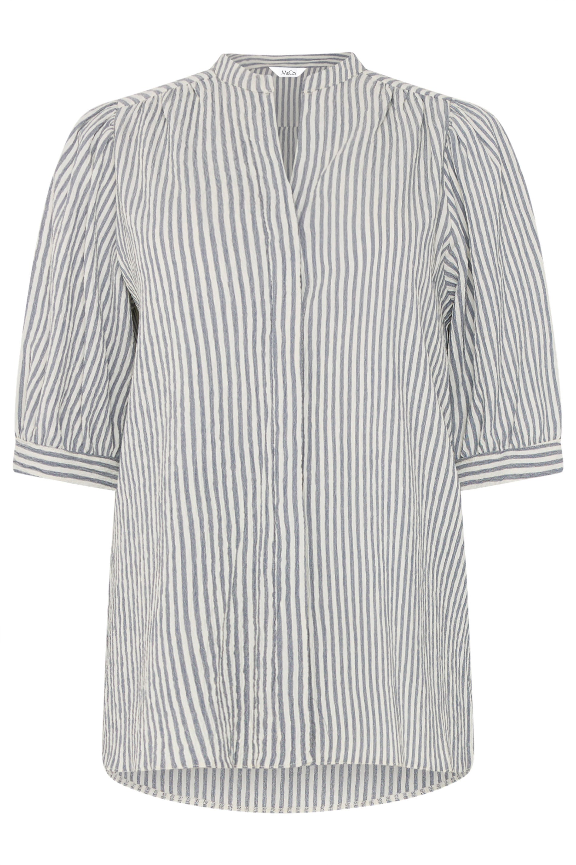 M&Co Blue Stripe Textured Puff Sleeve Shirt | M&Co 5