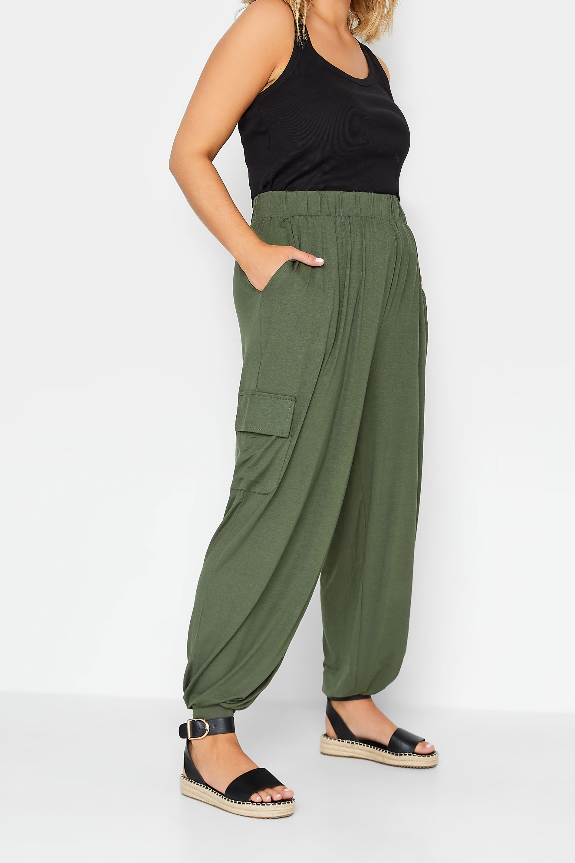 YOURS Curve Plus Size Khaki Green Harem Joggers | Yours Clothing  1